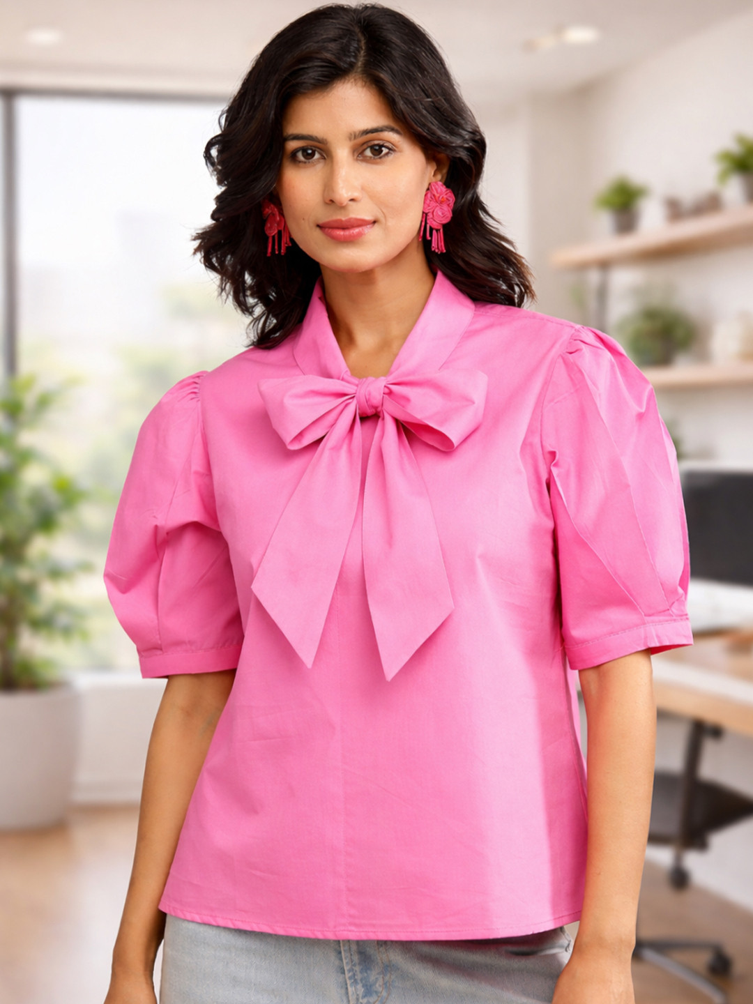 ARAVALII Women Solid Tie-Up Neck Cotton Shirt Style Top