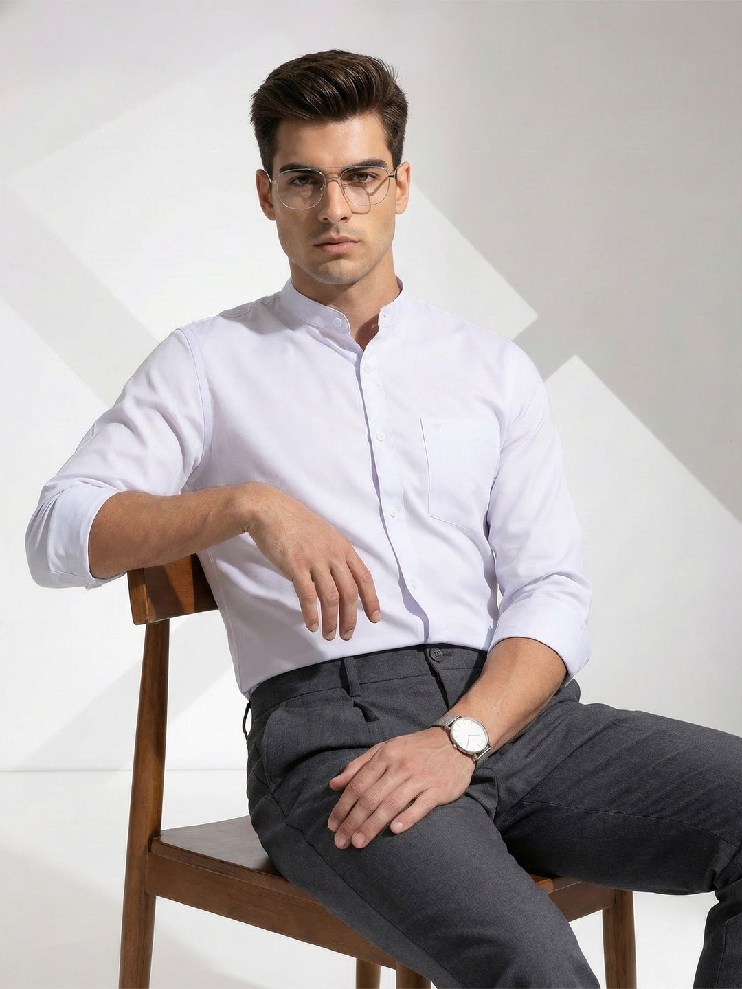 INVICTUS Signature Slim Fit Band Collar Pure Cotton Formal Shirt