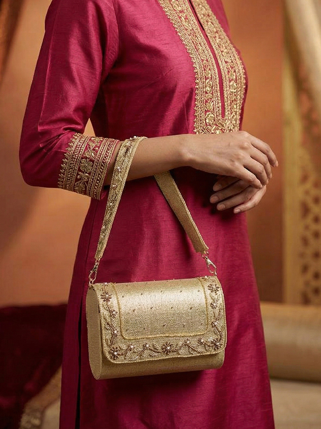 House of Pataudi Embellished Tasselled Box Clutch