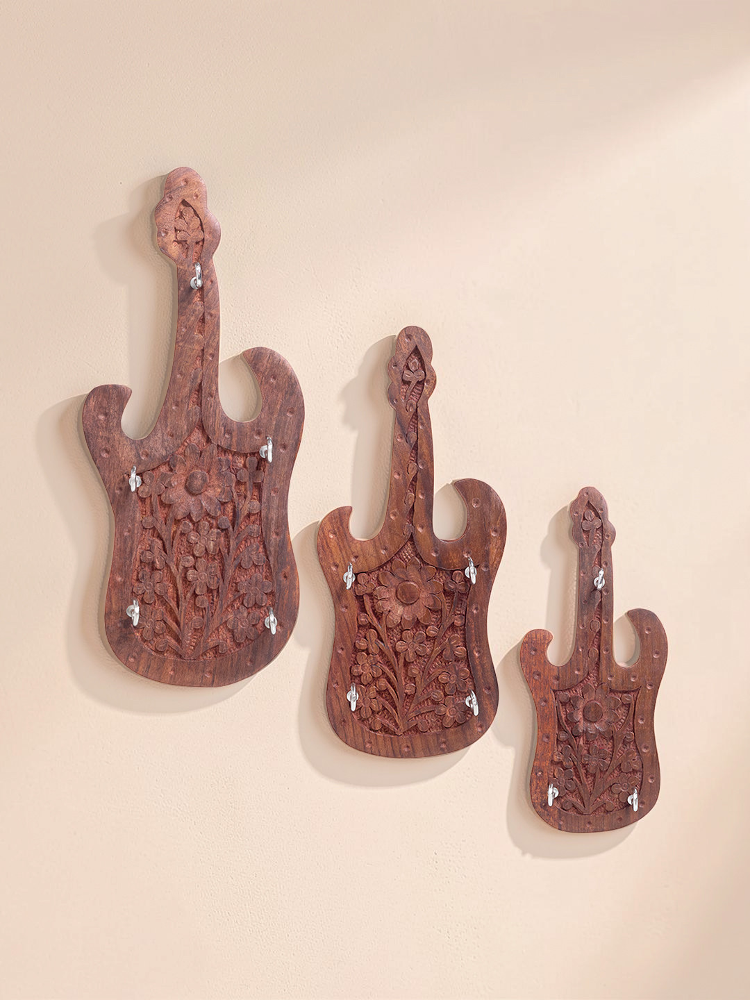 Golden Peacock Set Of 3 Brown Guitar Design Wooden Wall Hanging Key Holder