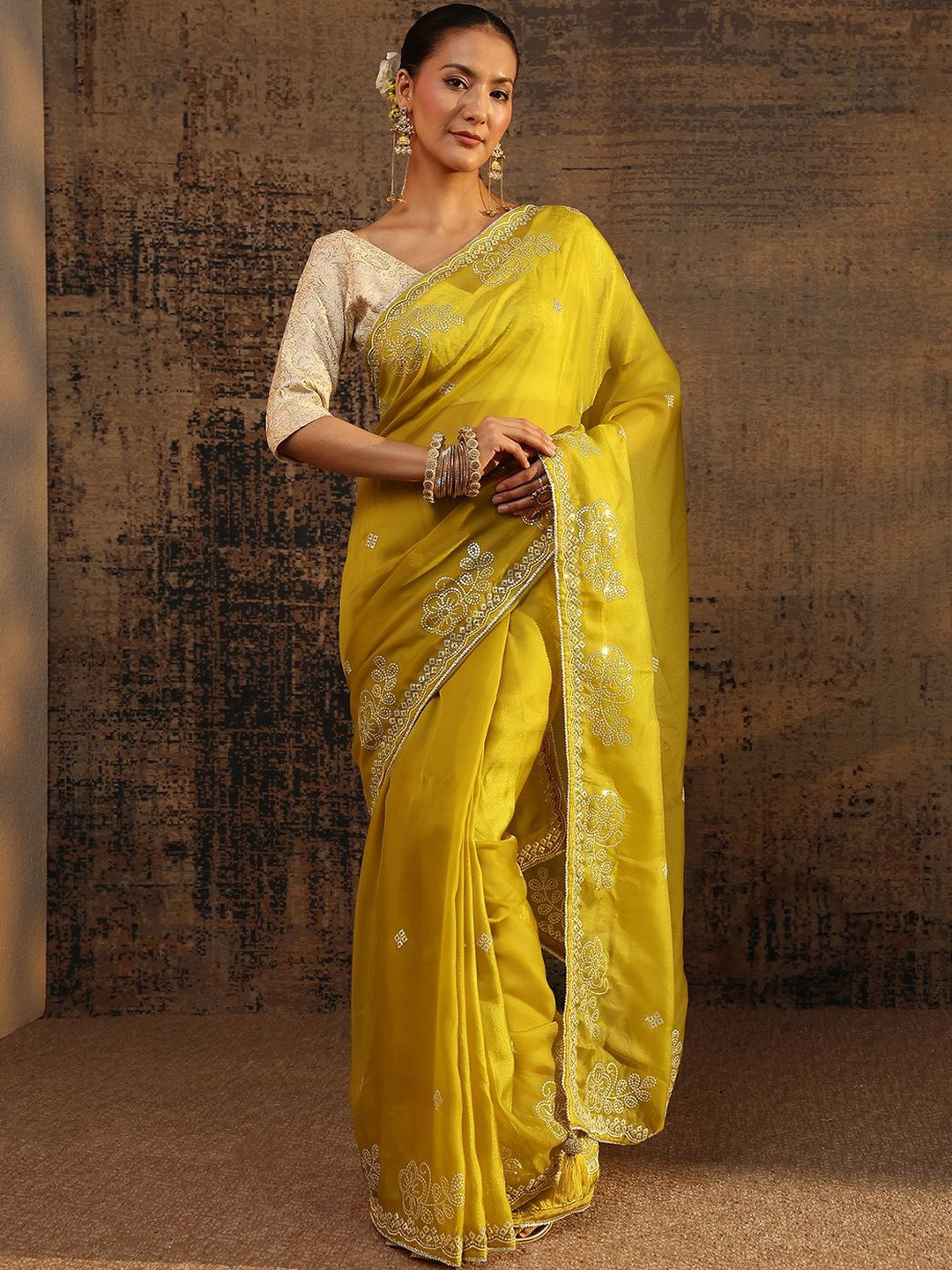 Libas Mustard Ethnic Motifs Embellished Tissue Saree With Unstitched Blouse Piece