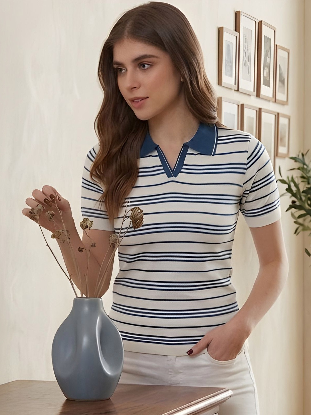 LASOON Women Striped Polo Collar T-shirt