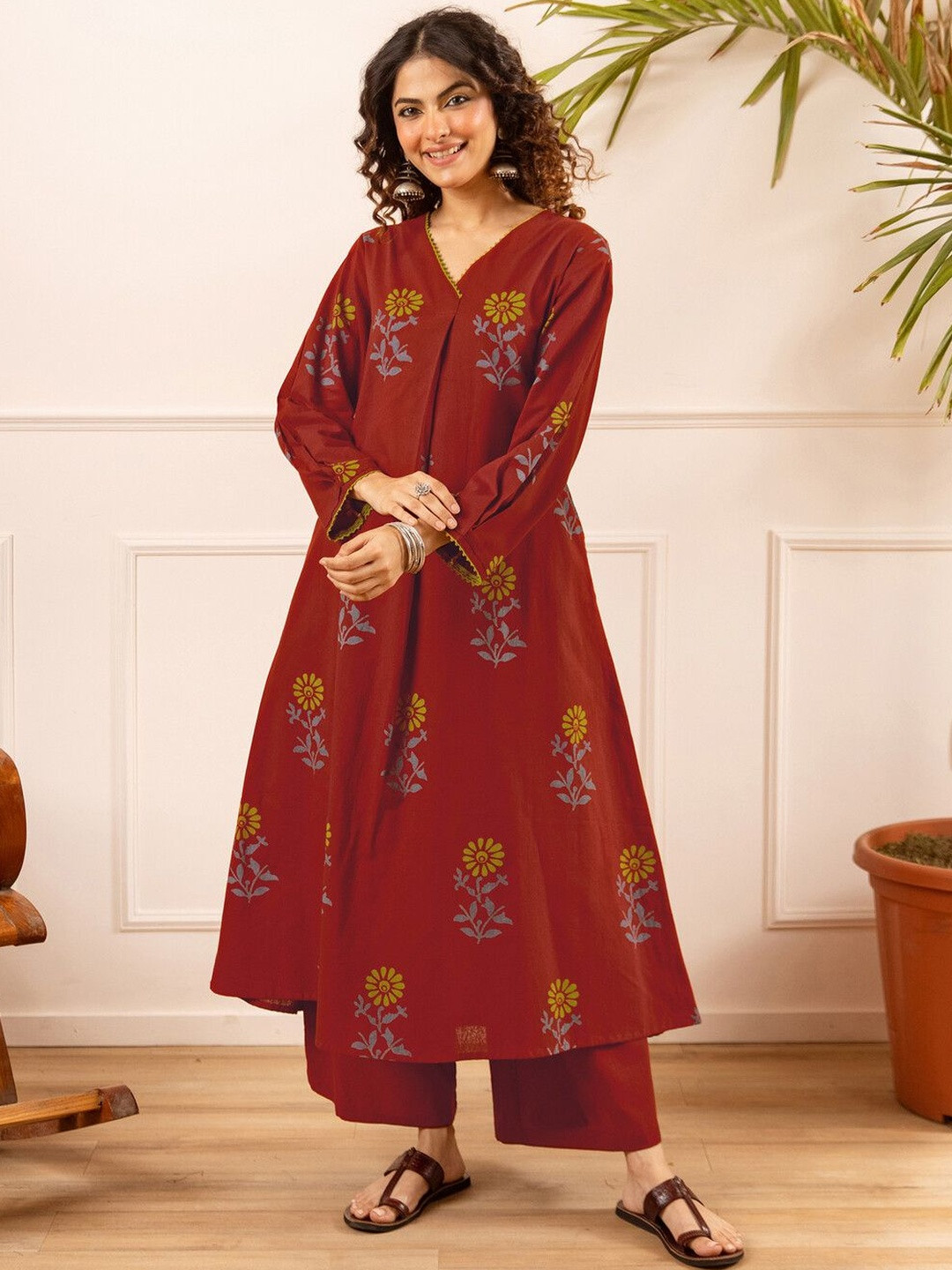 SKYLEE Printed Rust Viscose Rayon Co Ords for Women