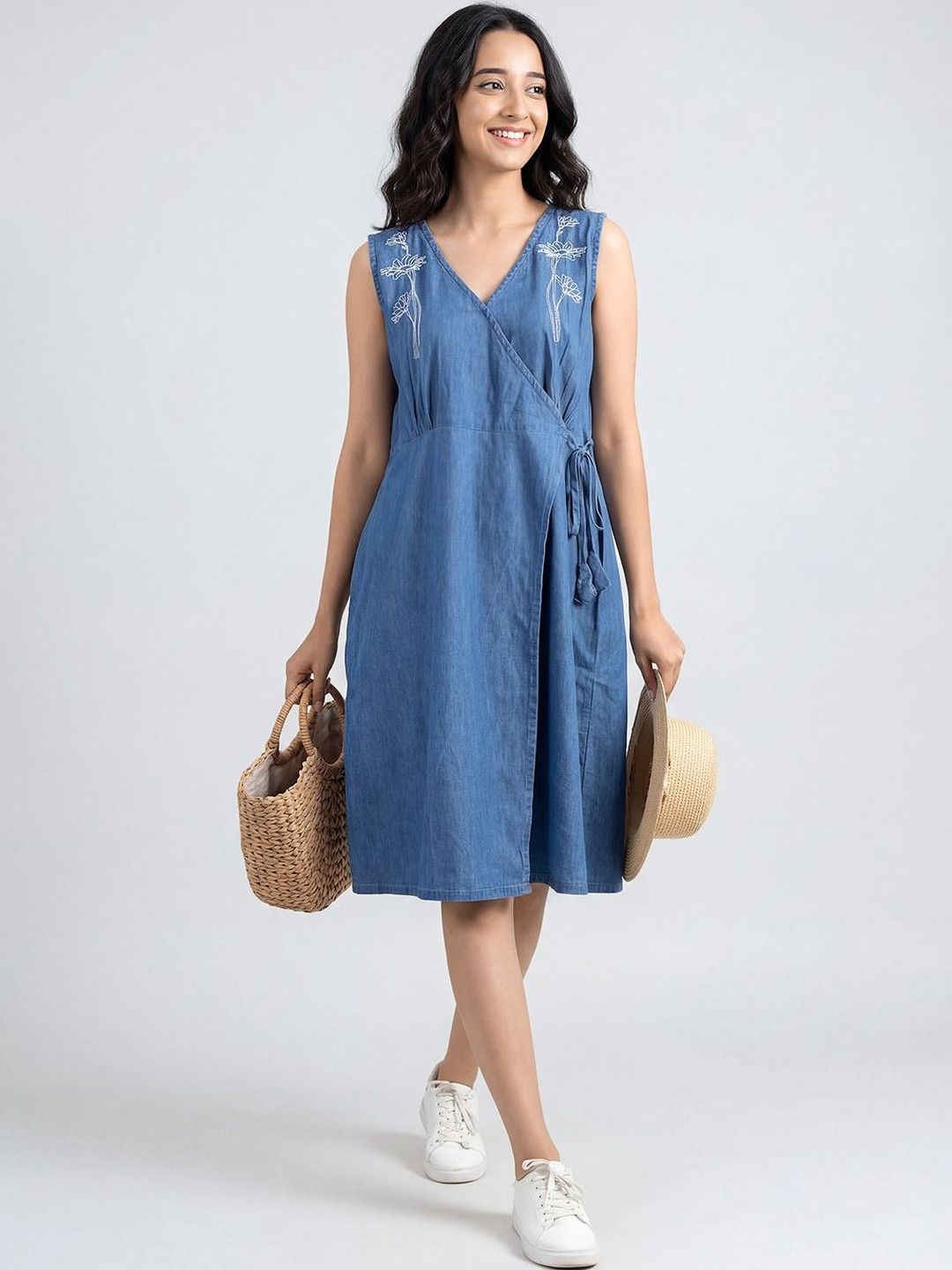 Juliana Dream Women Blue Embroidered Wrap Style Cotton Denim Dress