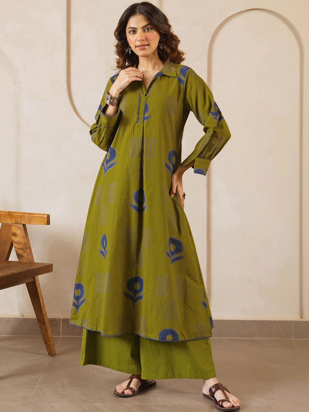 SKYLEE Printed Dark Olive Green Viscose Rayon Co Ords for Women