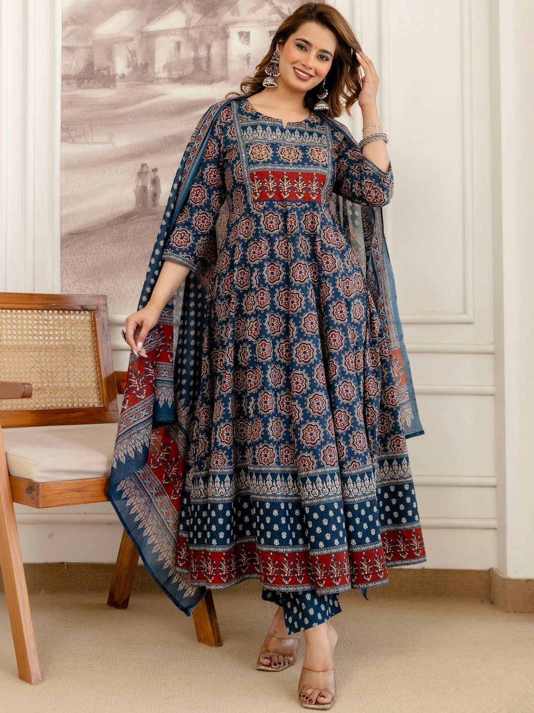 Berrylicious Women Ethnic Motifs Printed Empire Sequinned Pure Cotton Kurta with Trousers & With Dupatta