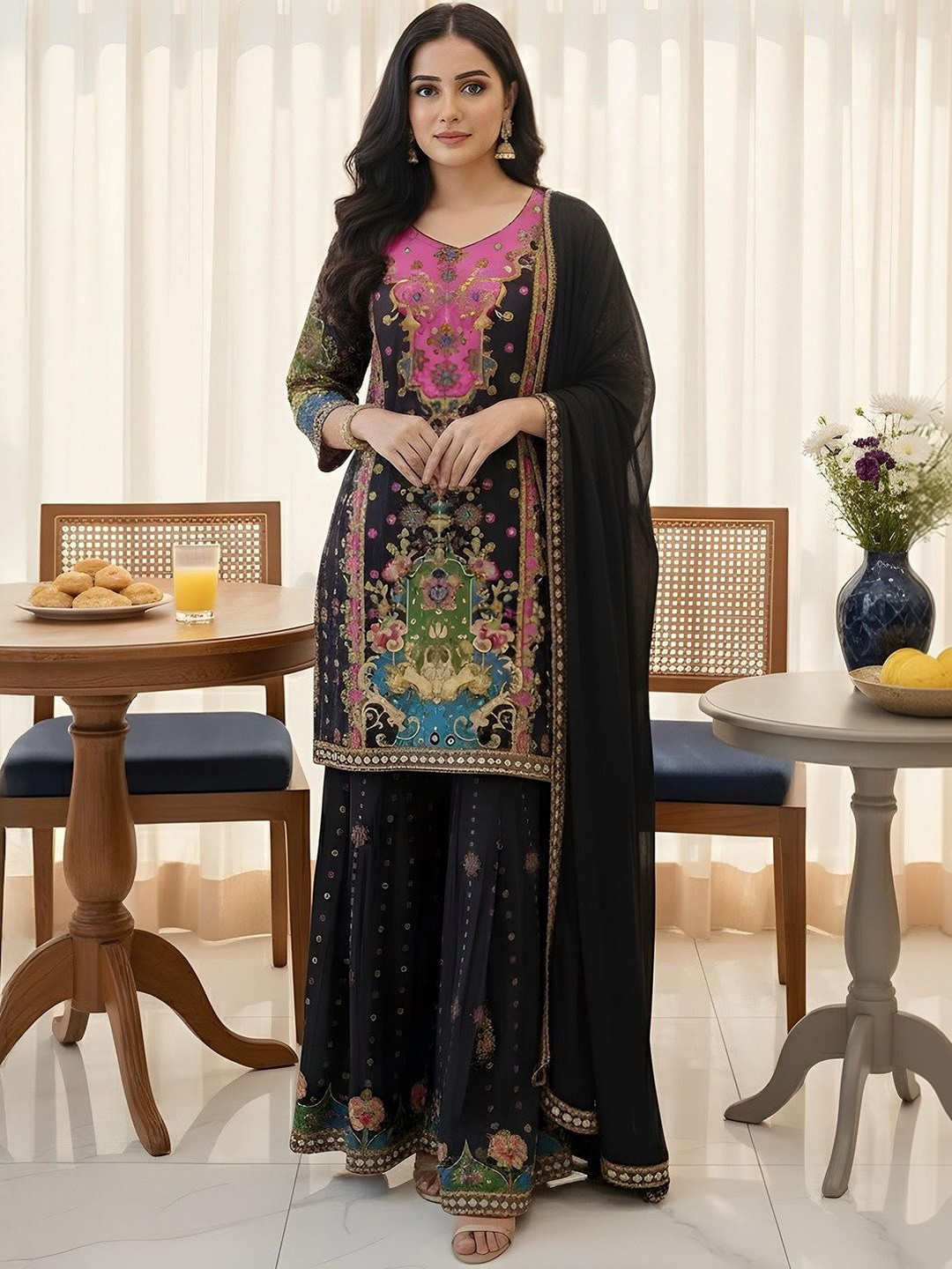 DHVIJA FASHION Women Printed Regular Mirror Work Kurta with Sharara & With Dupatta