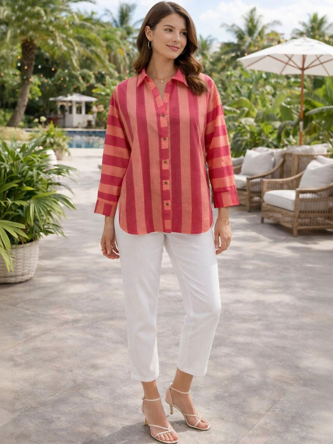 Sencei Women Classic Pinstripes Striped Casual Shirt