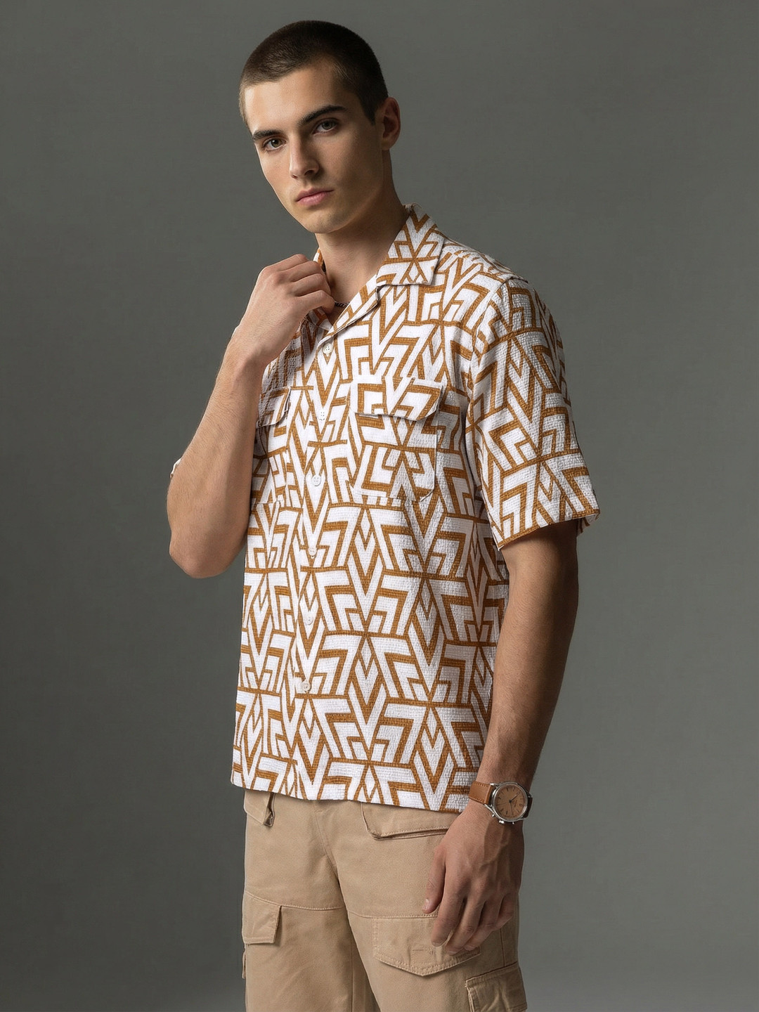 FCUK Pure Cotton Geometric Printed Relaxed Fit Textured Casual Shirt