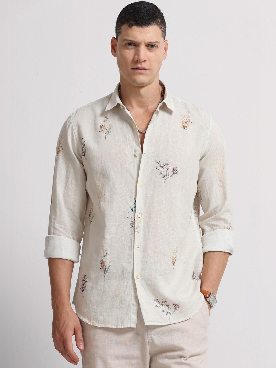Blu MNKY Slim Fit Long Sleeves Printed Off White Casual Linen Shirt for Men