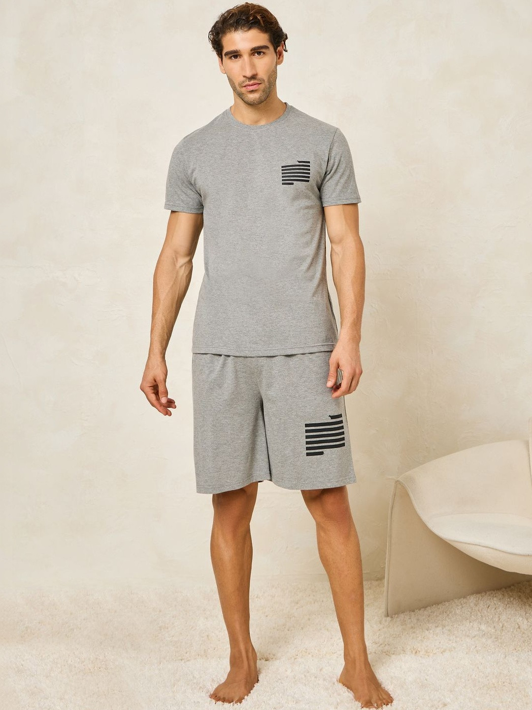 Styli Men Grey Printed Round Neck Short Sleeves Night Suit
