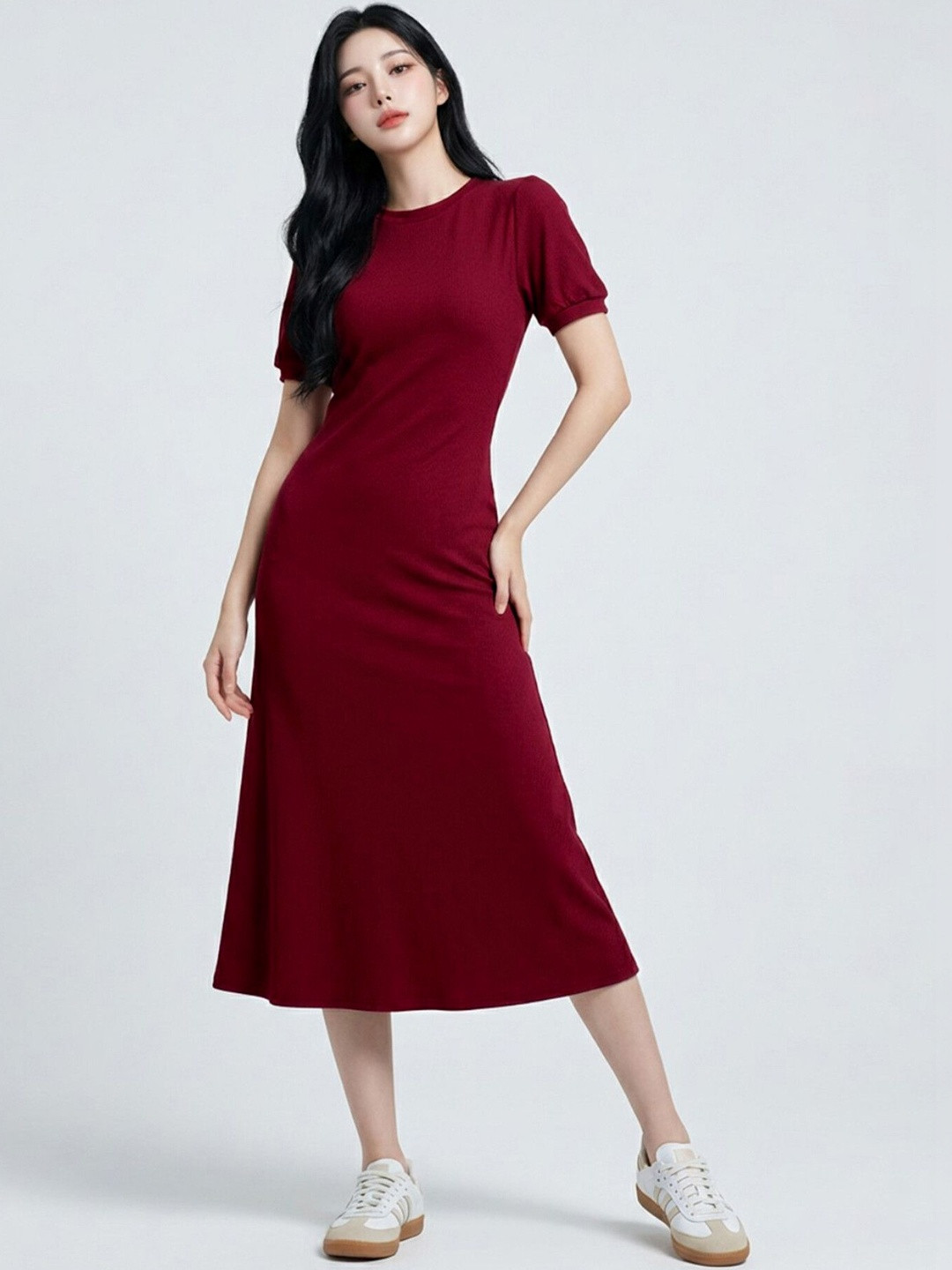 Selvia Edge Puff Sleeve A-Line Midi Dress