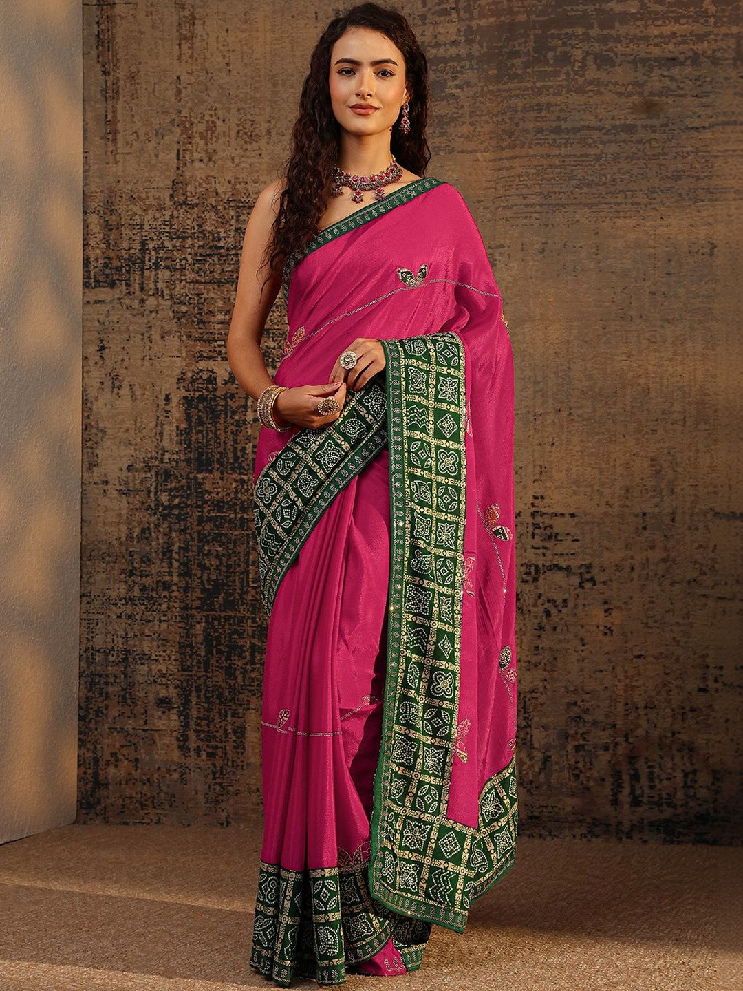 Libas Pink Bandhani Embellished Saree With Unstitched Blouse Piece