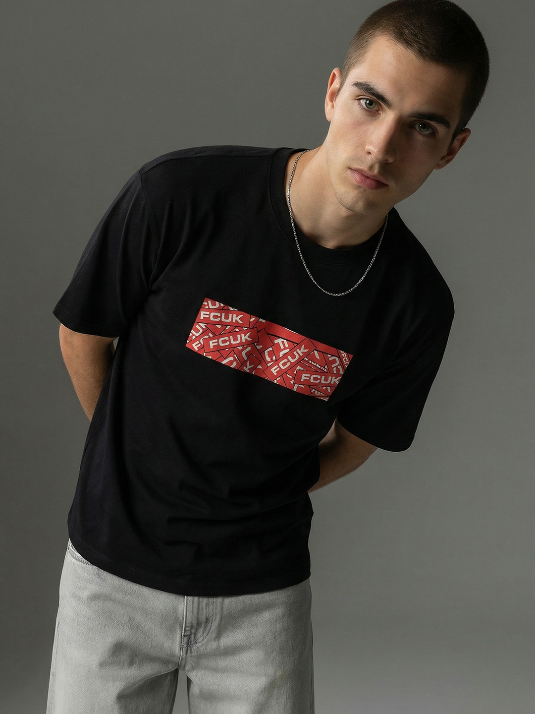 FCUK Brand Logo Printed Drop-Shoulder Sleeves Oversized Pure Cotton T-shirt