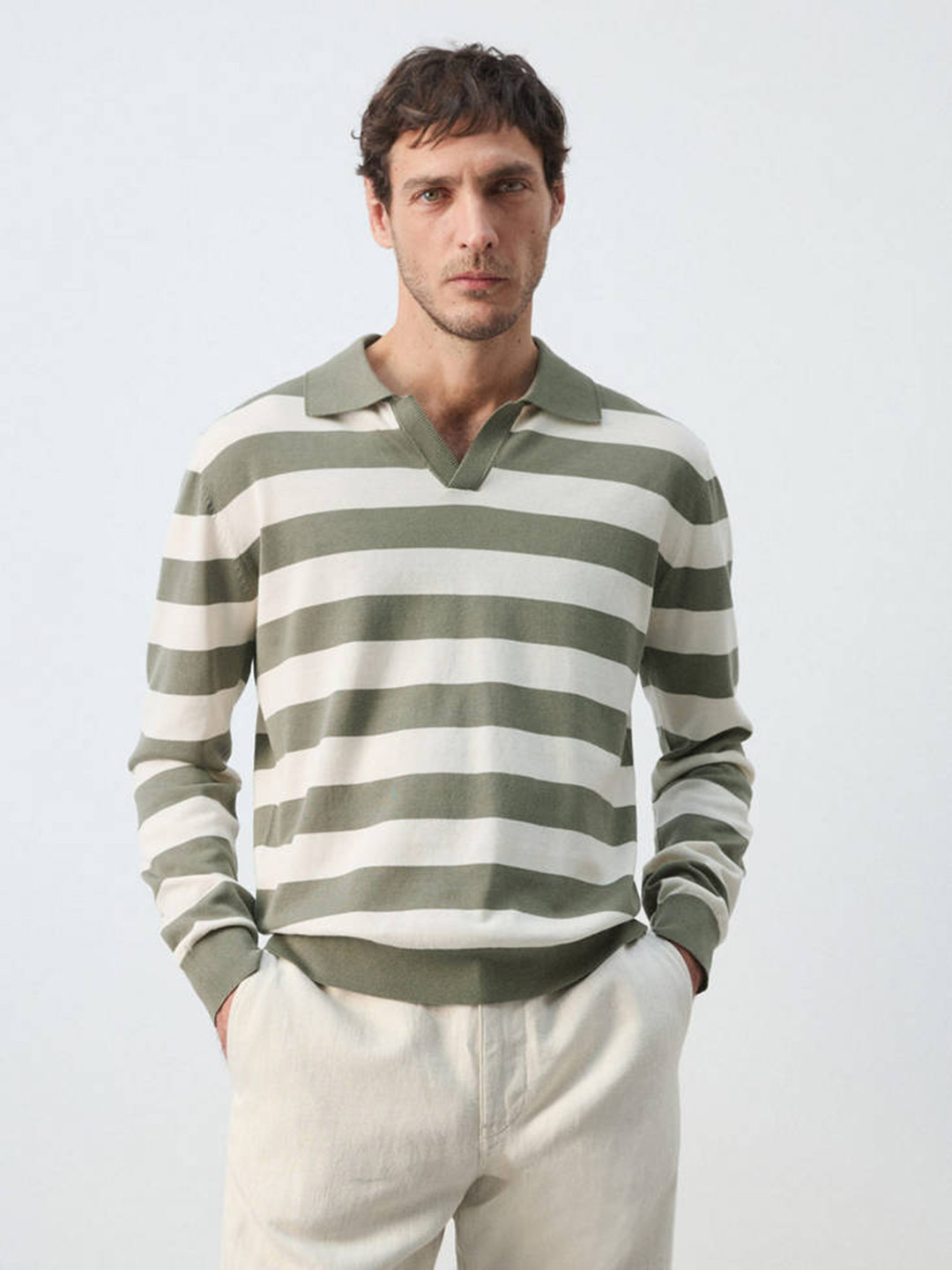 MANGO MAN Striped Polo Collar Pure Cotton T-shirt