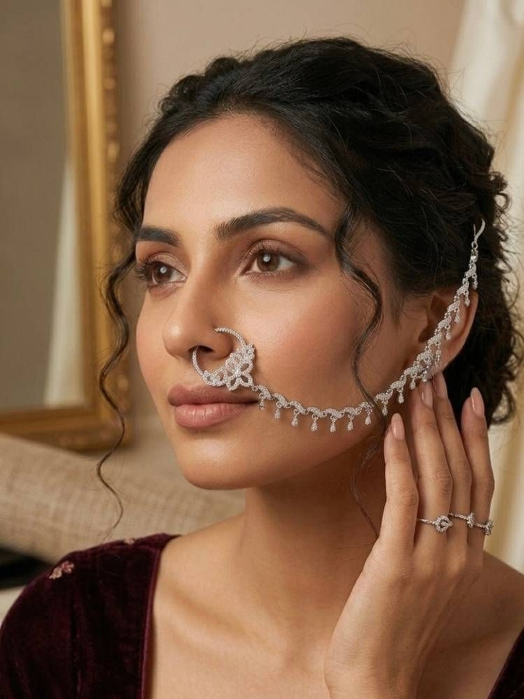 ABDESIGNS Silver-Plated American Diamond Chained Nosepin
