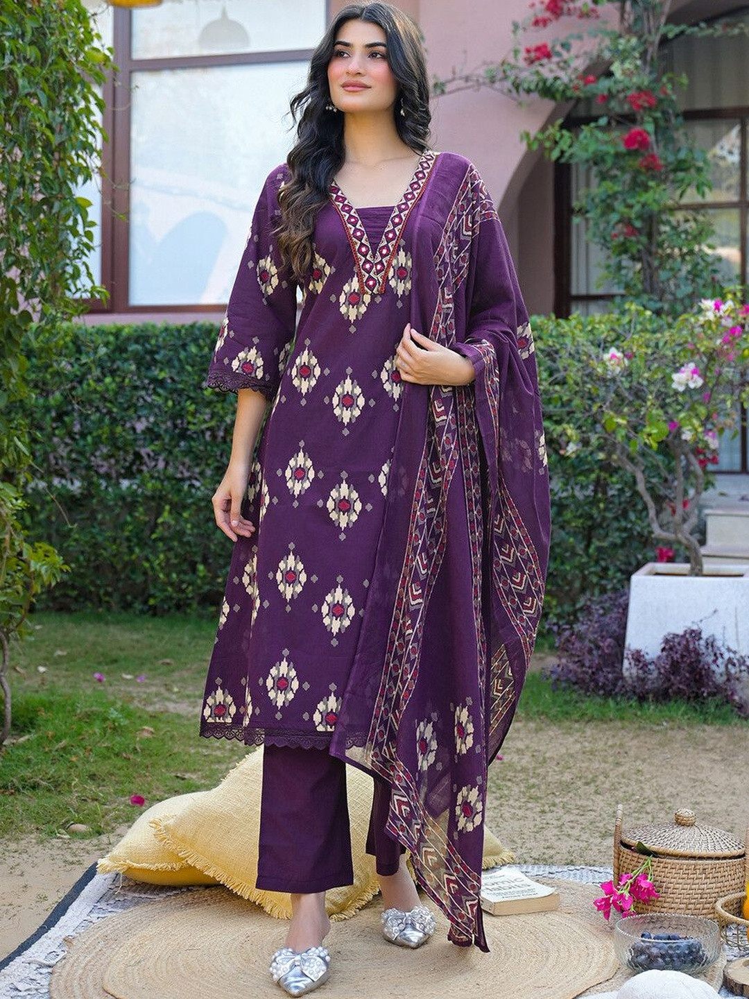 Anouk Rustic Women Printed Regular Kurta with Trousers & With Dupatta