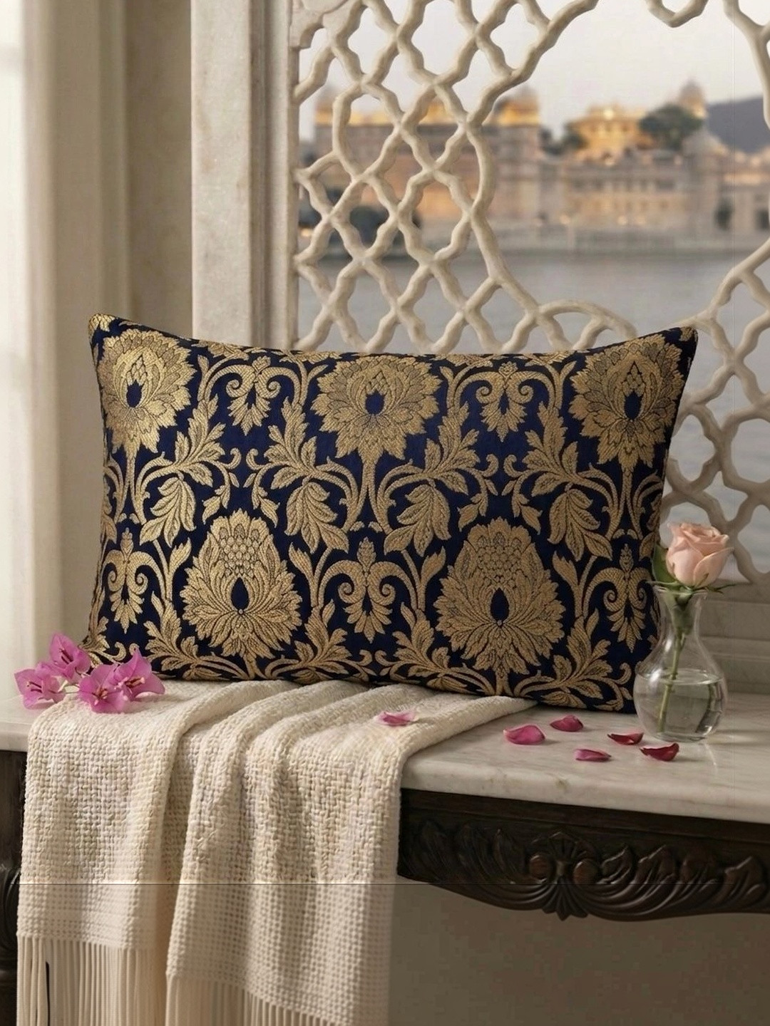 RoyalDeco 2 Pcs Navy Blue Ethnic Motifs Banarasi Brocade Silk Rectangle Cushion Covers