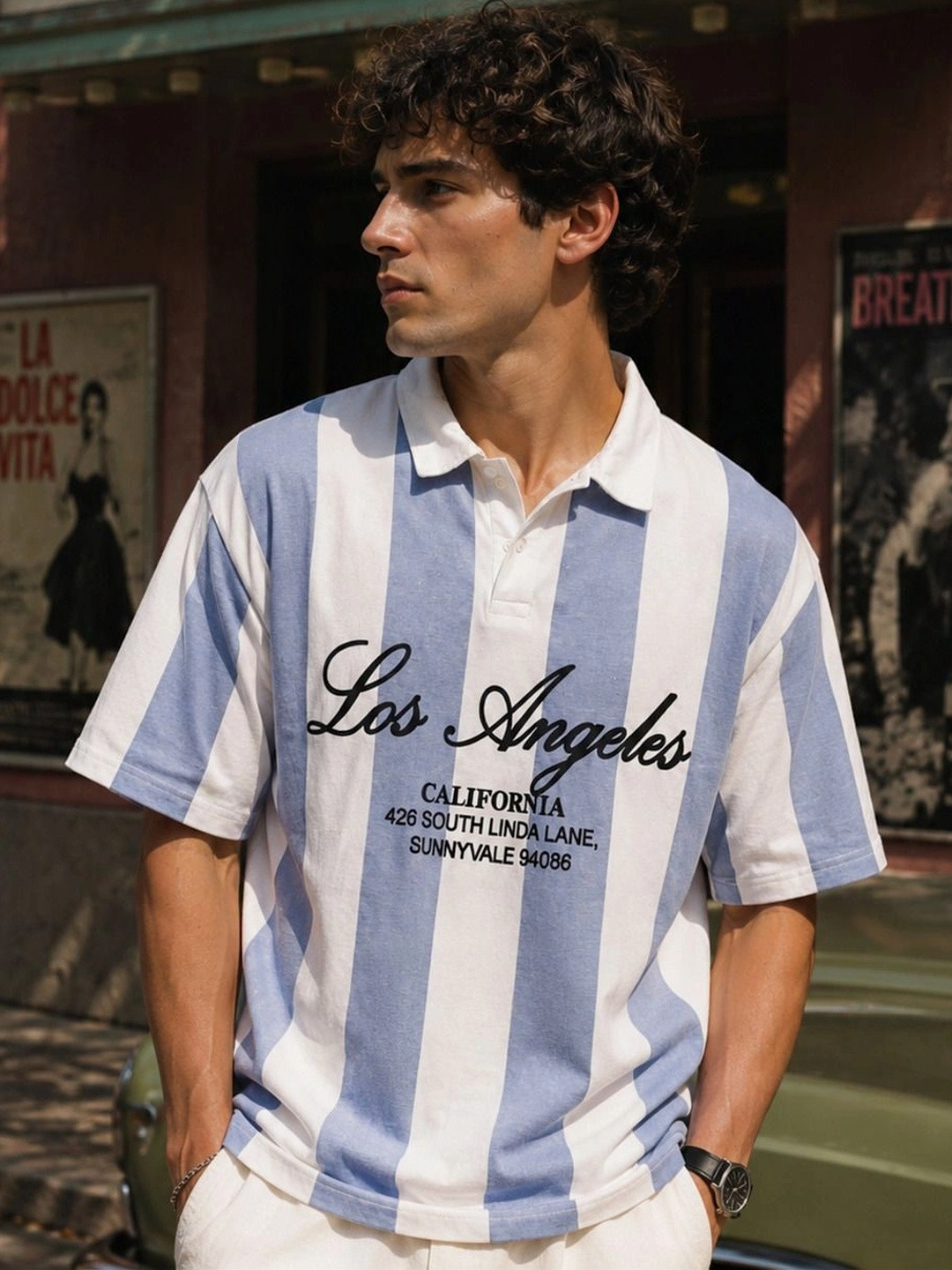 Eszett Men Los Angeles Polo Shirt Striped Cotton Collar Oversized Fit T-shirt
