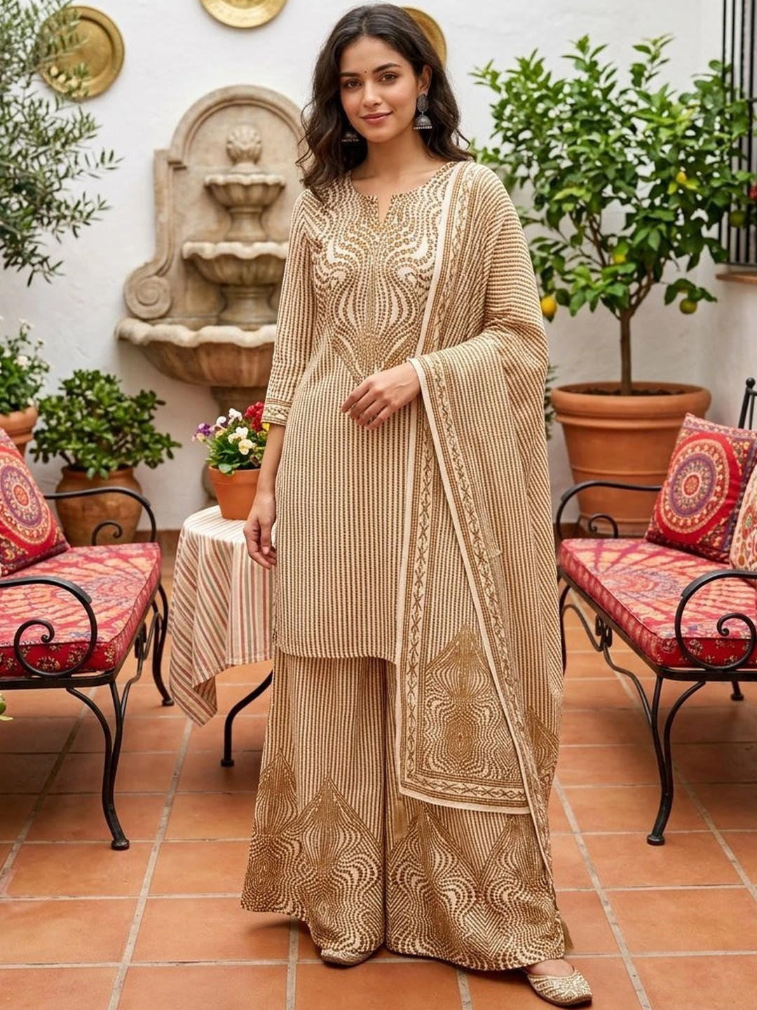 Anouk Women Printed Regular Kurta with Palazzos & With Dupatta