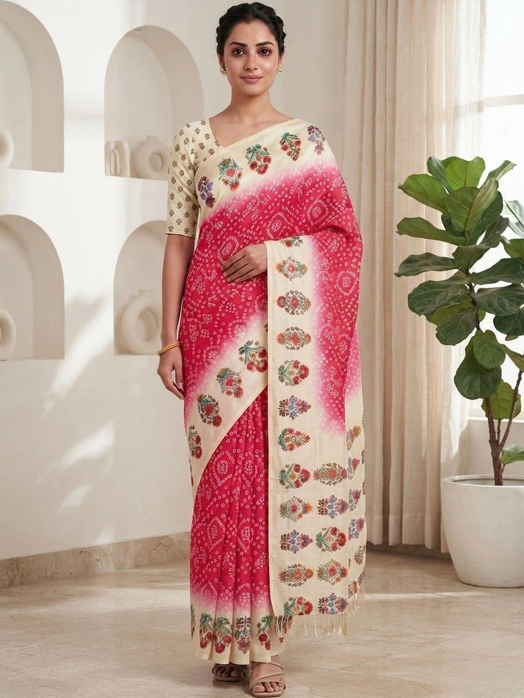 MEHARIKA Bandhani Pure Linen Khadi Saree