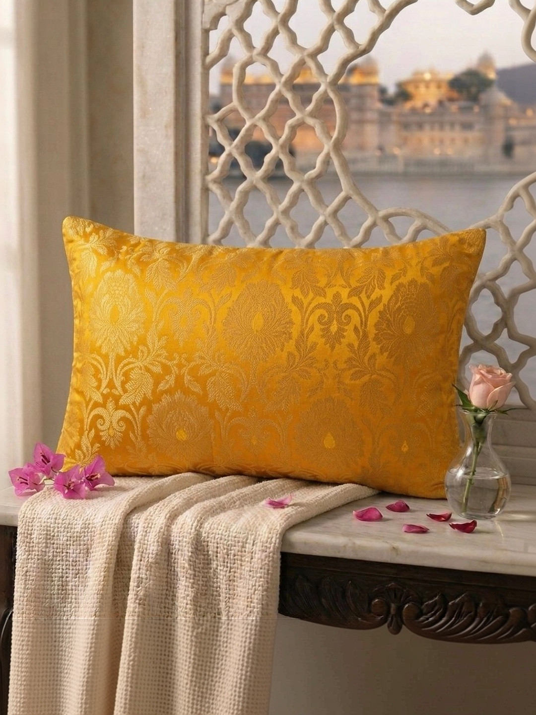 RoyalDeco 2 Pcs Yellow Ethnic Motifs Banarasi Brocade Silk Rectangle Cushion Covers