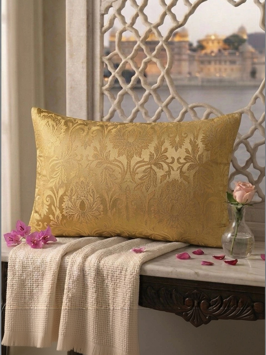 RoyalDeco Mughal Banarasi Ethnic Motifs Brocade Silk 2 Pcs Zari Cushion Covers-12x20In