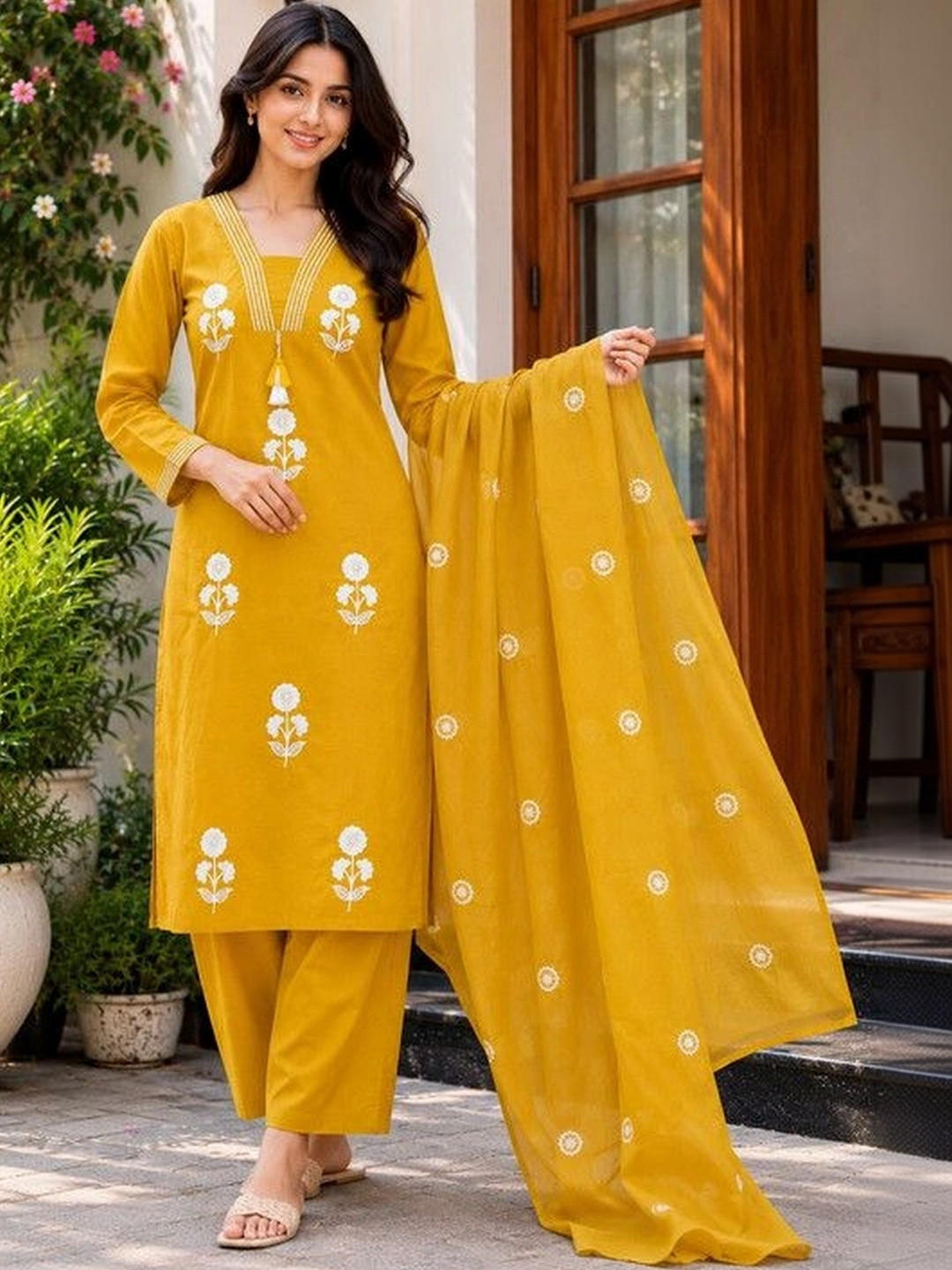 MANJALI DESIGN Women Ethnic Motifs Embroidered Pure Cotton Kurta  Palazzos & Dupatta