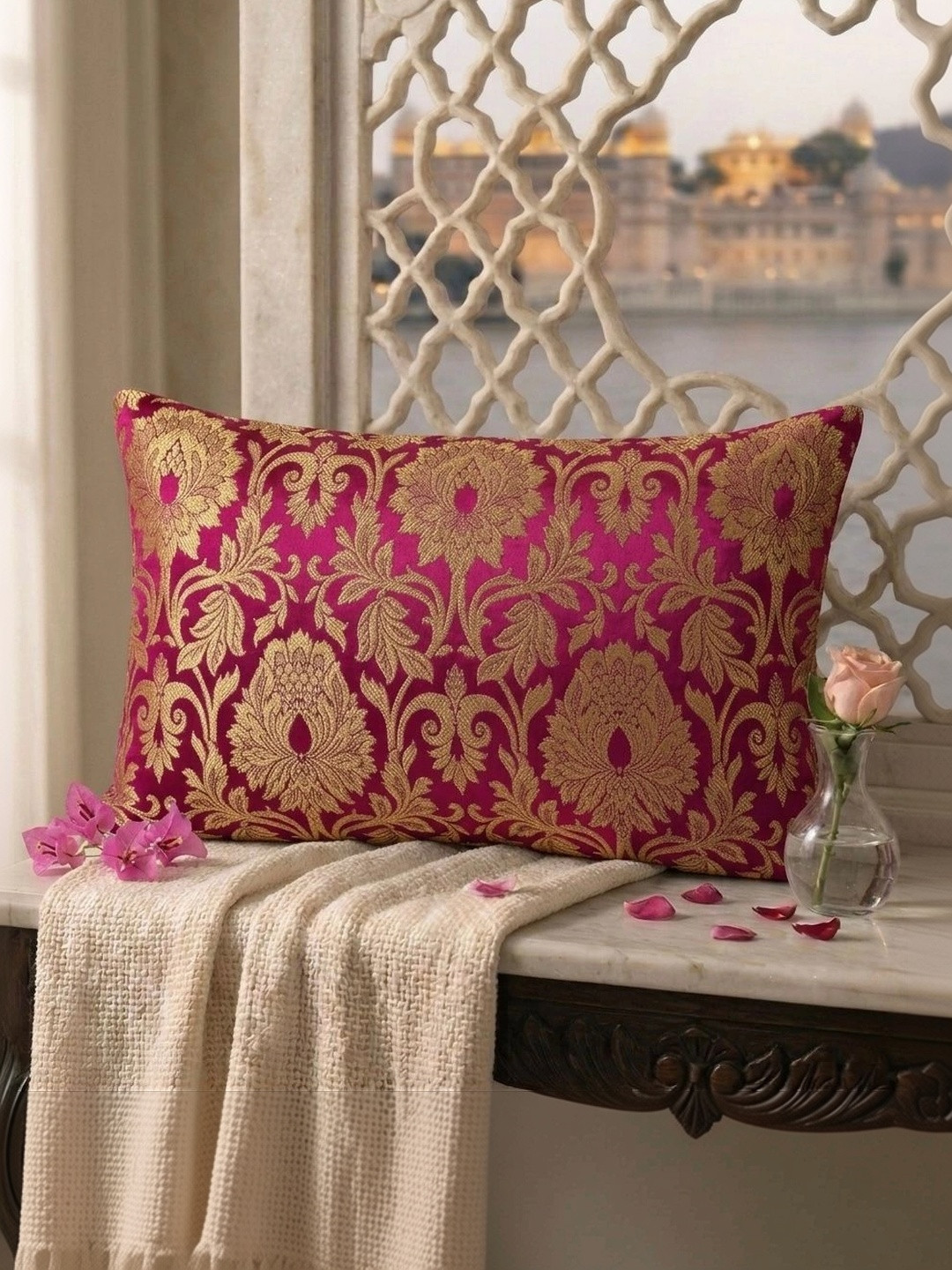 RoyalDeco Mughal Banarasi Ethnic Motifs Brocade 2 Pcs Cushion Covers - 19.7 x 11.8 In