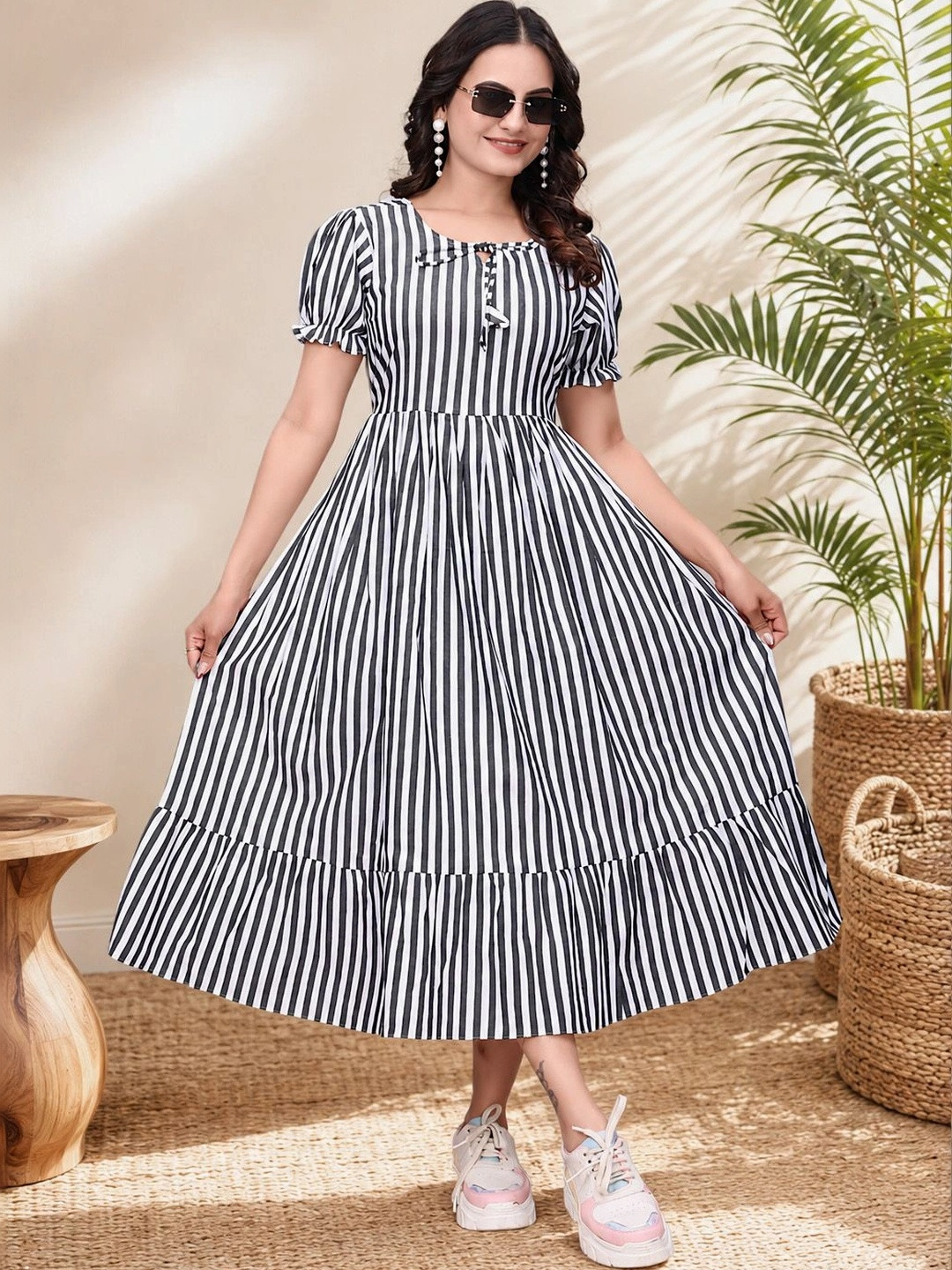 QENA Striped Puff Sleeve A-Line Maxi Dress
