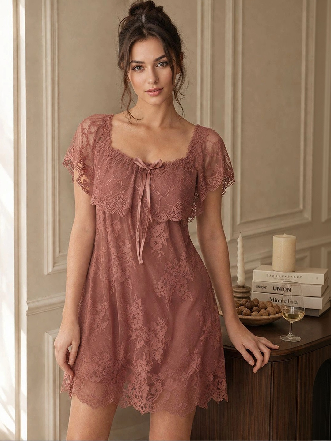 FashionRack Brown Self Design Net Baby Doll