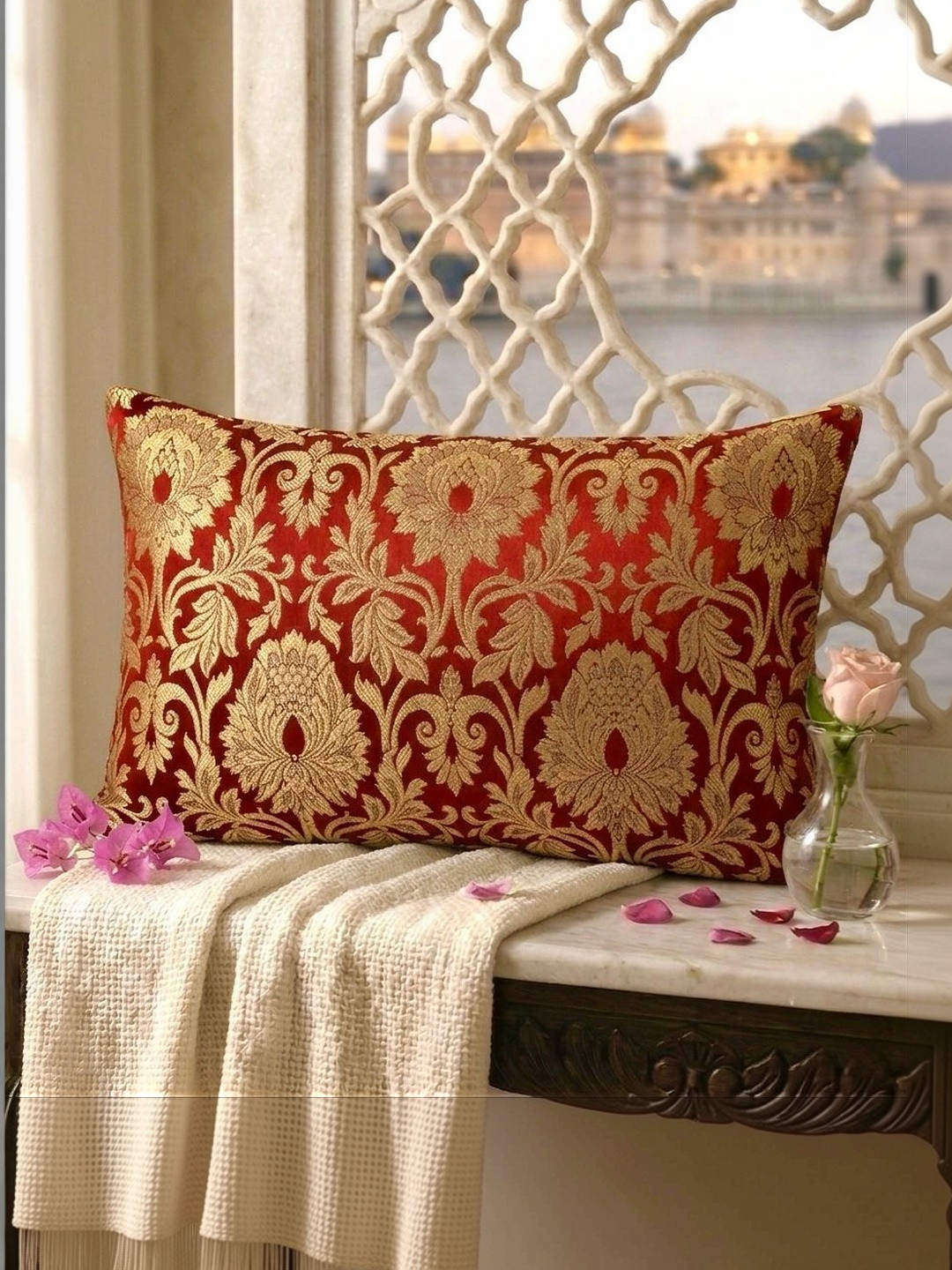 RoyalDeco Ethnic Motifs Brocade Washable 2 Pcs Zari Cushion Covers - 19.7 x 11.8 Inches