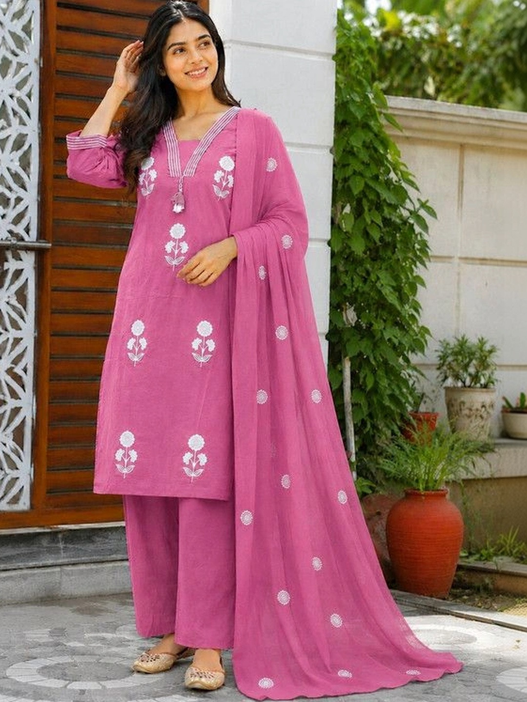 MANJALI DESIGN Women Floral Embroidered Regular Thread Work Pure Cotton Kurta with Palazzos & With Dupatta