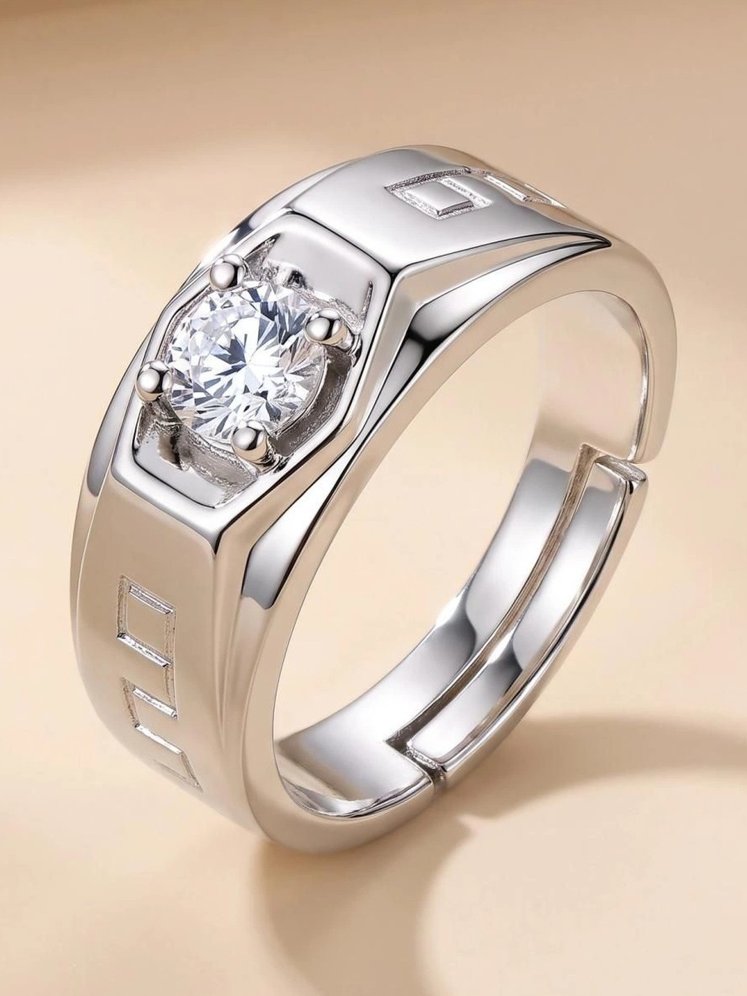 MYKI Men Sterling Silver-Plated CZ Studded Swarovski Solitaire Stainless Steel Rings