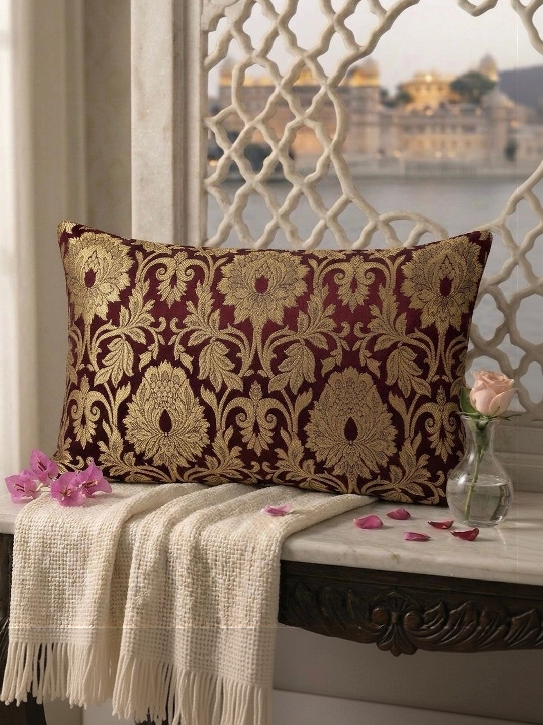 RoyalDeco Burgundy 2 Pieces Ethnic Motifs Zari Brocade Silk Rectangle Cushion Covers