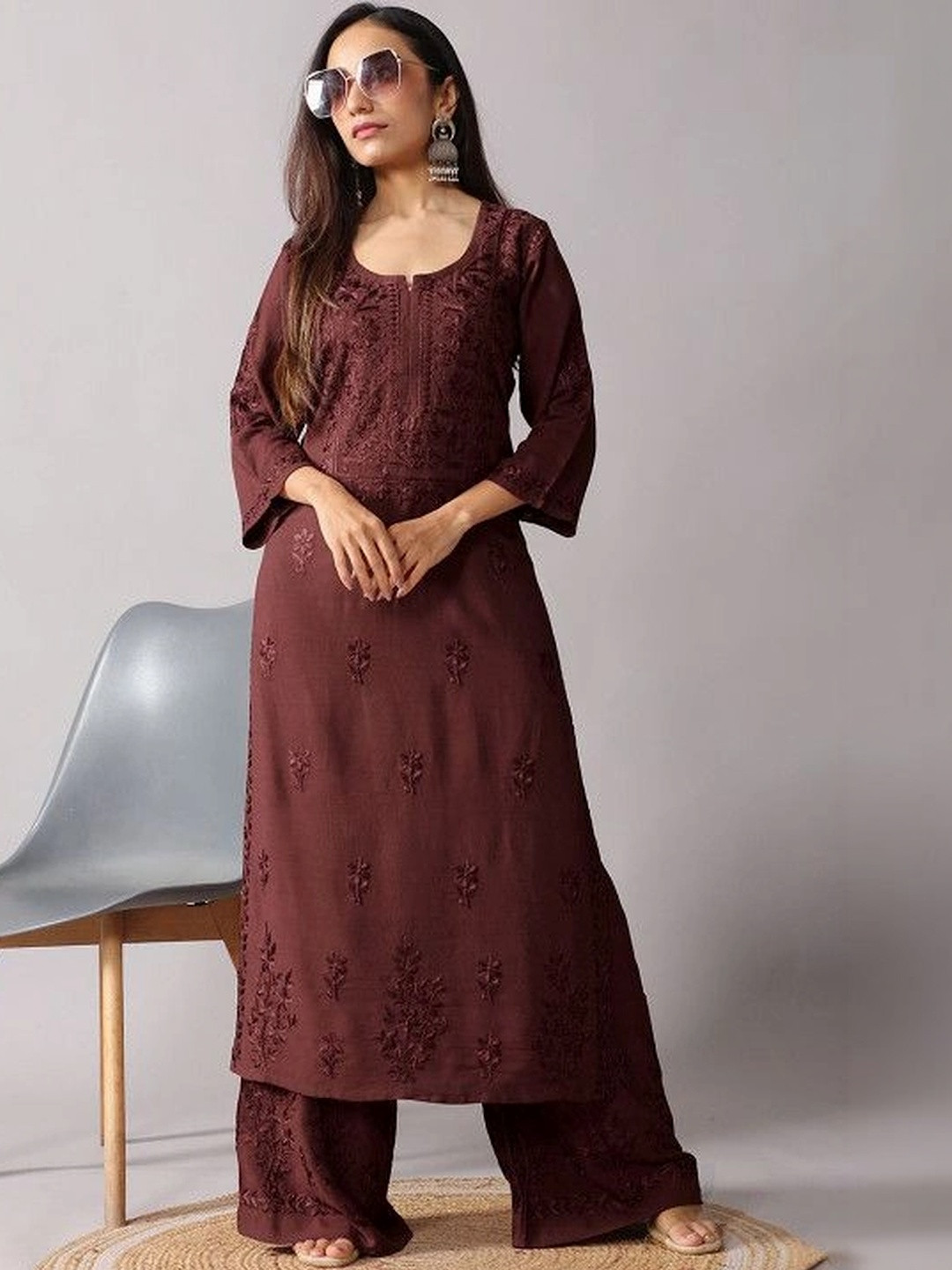 colorkosh Women Ethnic Motifs Embroidered Regular Thread Work Kurta with Palazzos