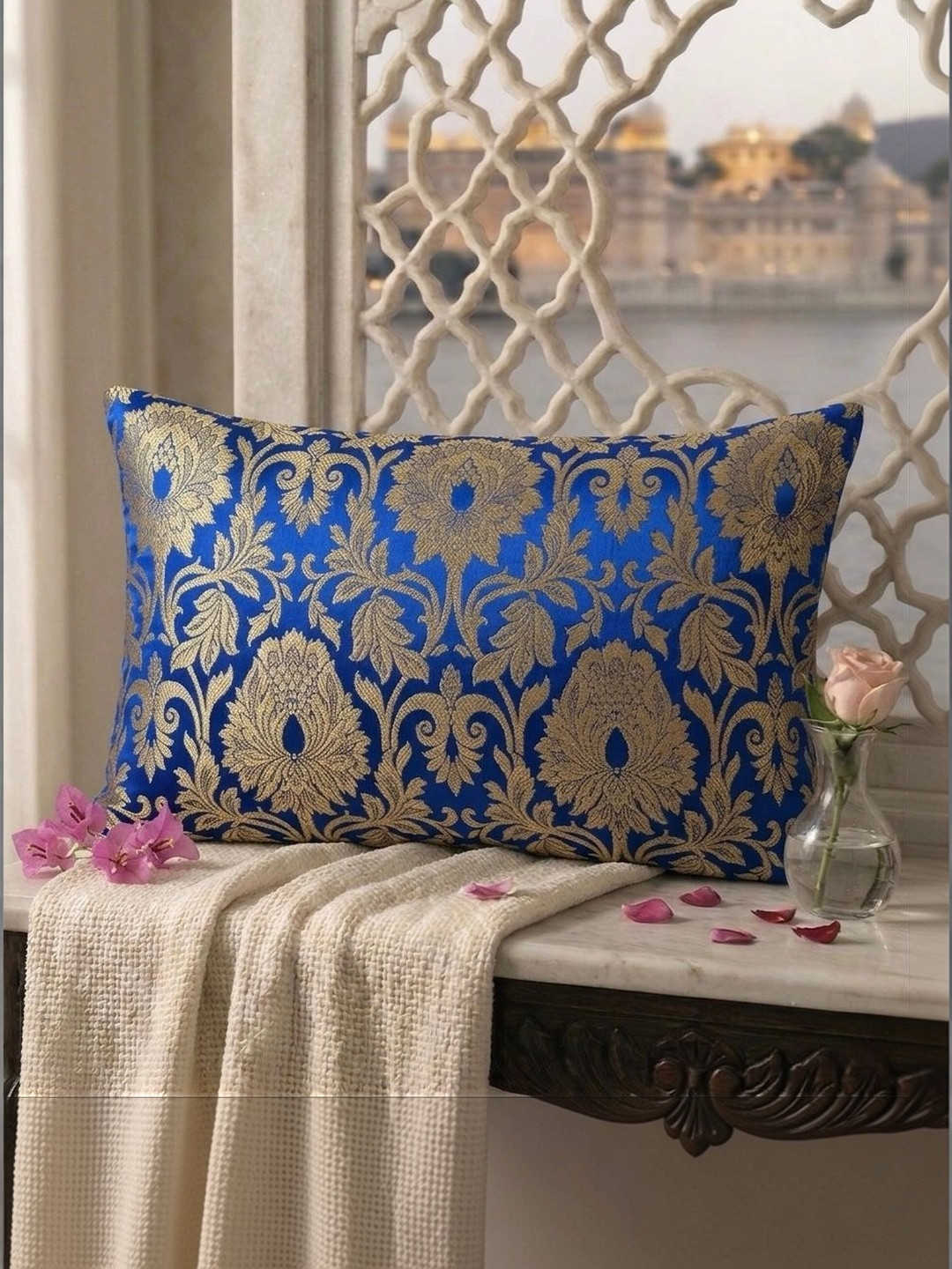 RoyalDeco Mughal Banarasi Turquoise Blue 2 Pieces Ethnic Brocade Rectangle Cushion Covers