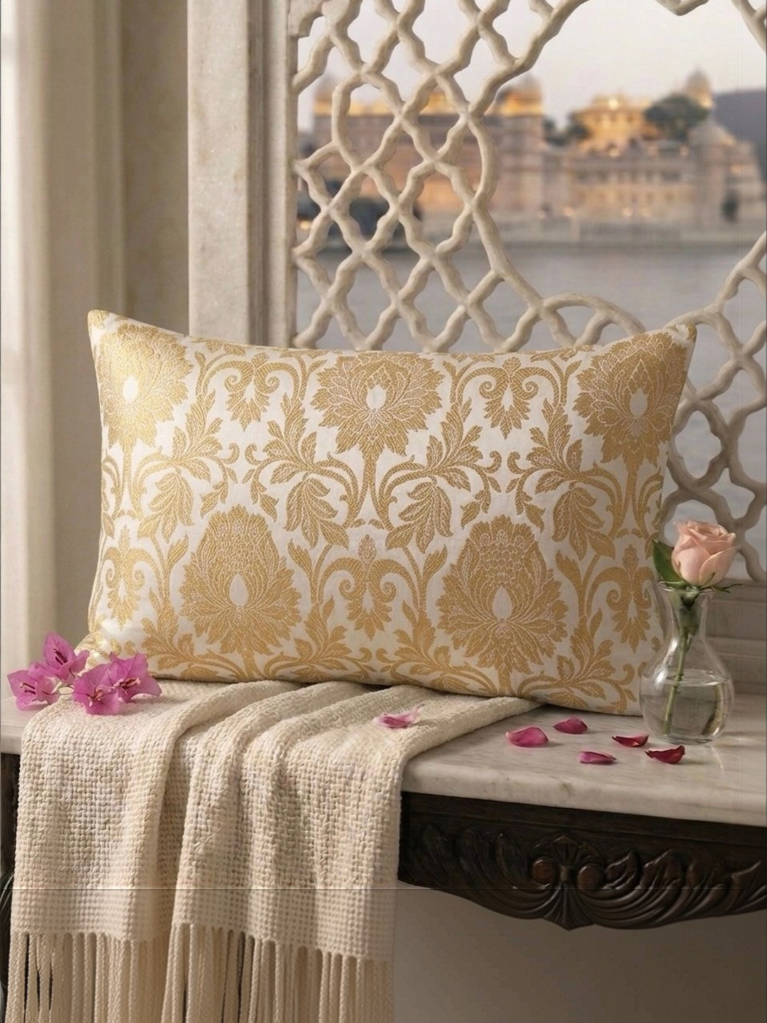 RoyalDeco 2 Pcs White Ethnic Motifs Banarasi Brocade Silk Rectangle Cushion Covers