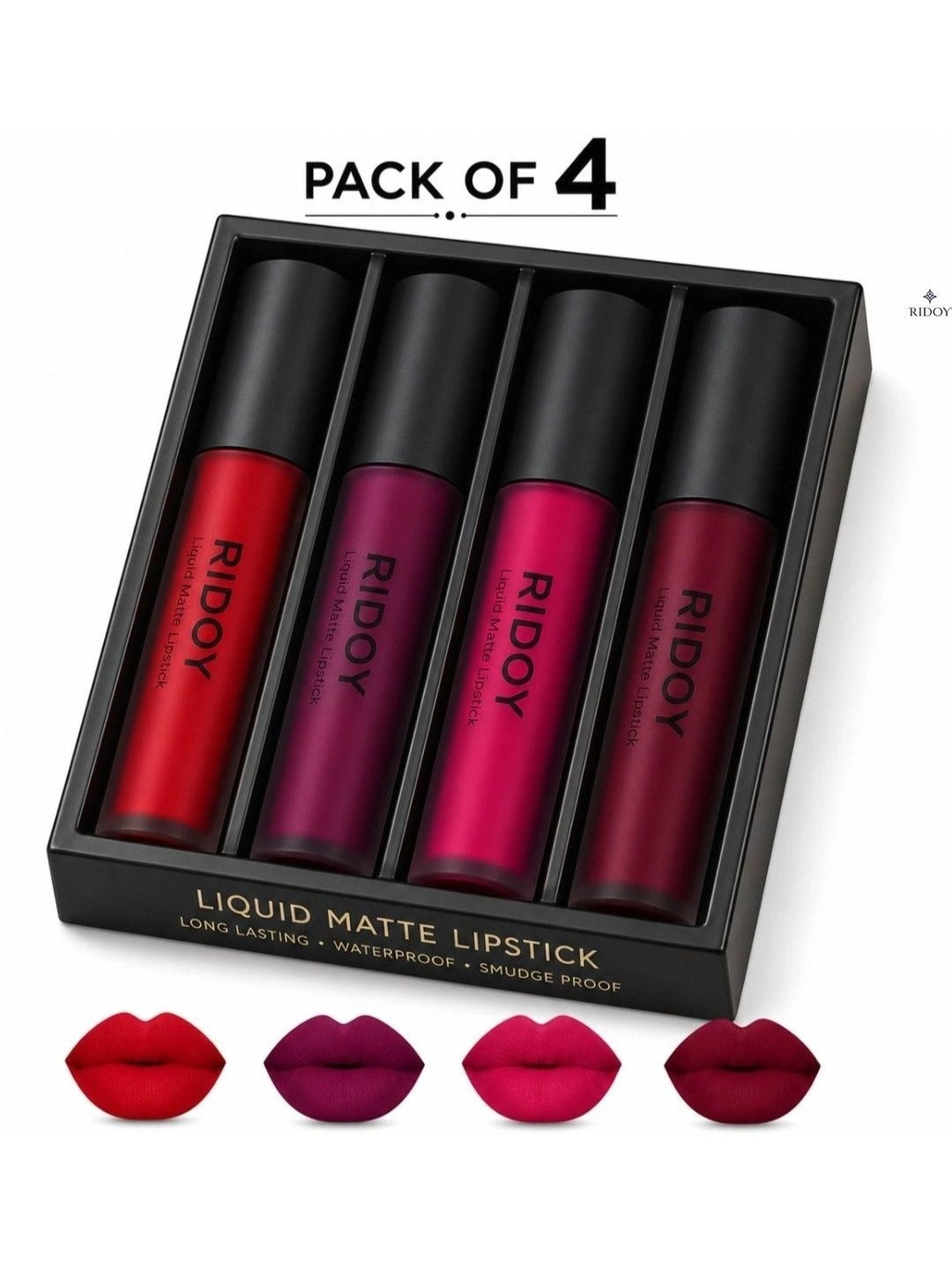 ridoy Set Of 4 Waterproof Liquid Matte Lipstick-3 ml Each - Classic Red-Berry Plum