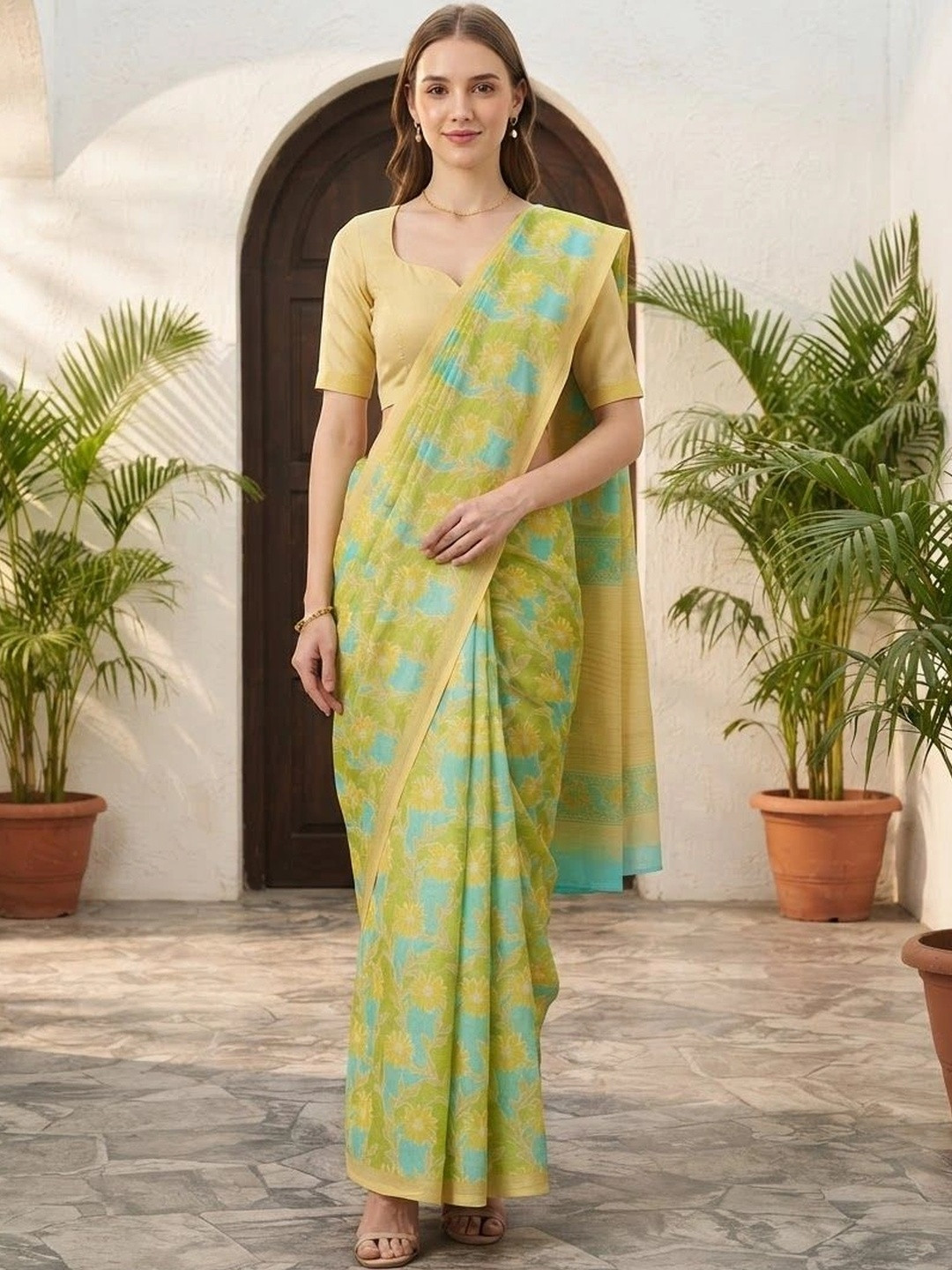 MEHARIKA Floral Pure Linen Khadi Saree