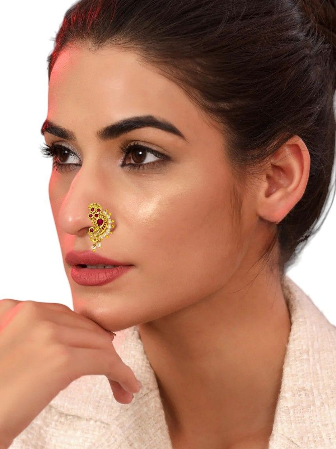 FEMMIBELLA Gold-Plated Artificial Stones and Beads Stud Nosepin