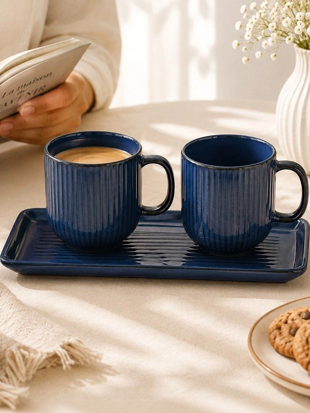 MIAH Decor Ricki Name Personalised Blue Textured Ceramic Handcrafted 3 Piece Mugs-310ml