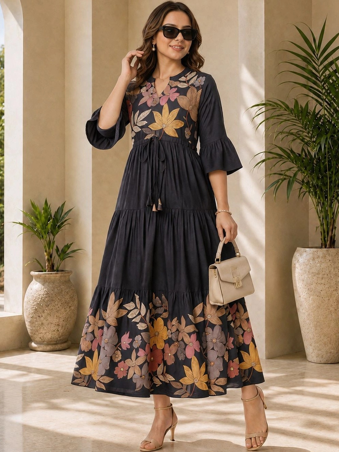 Manqsh by Claura Floral Print Flared Sleeve A-Line Maxi Dress
