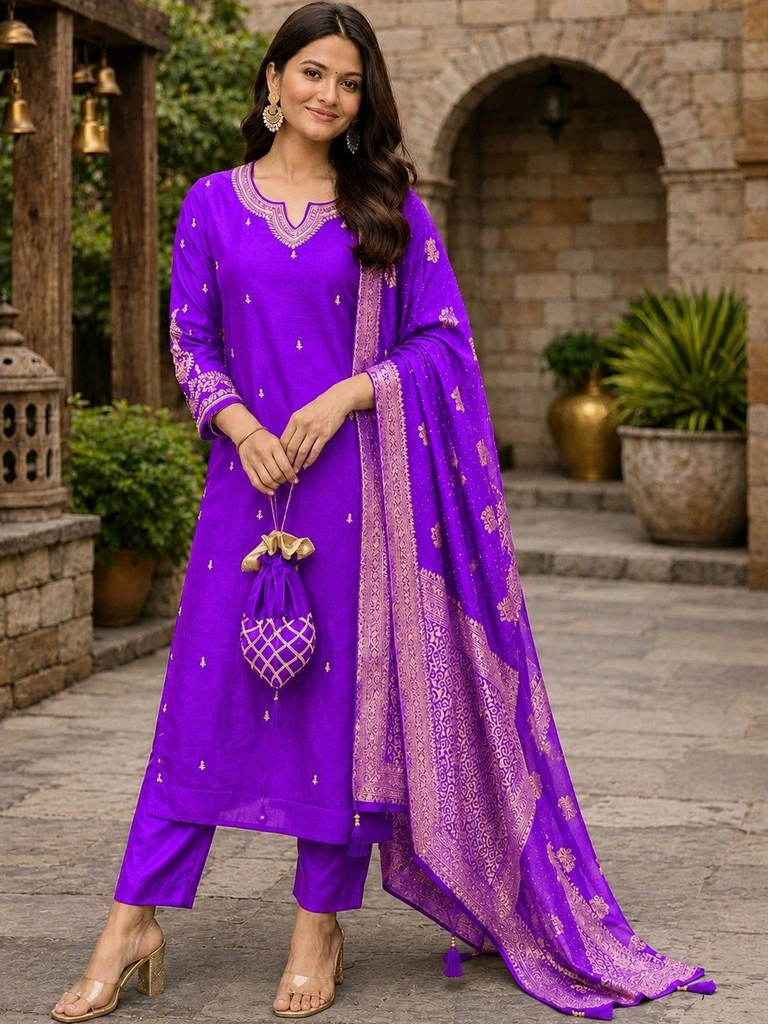 PROMZA FASHION Women Ethnic Motifs Embroidered Kurta with Trousers & Dupatta