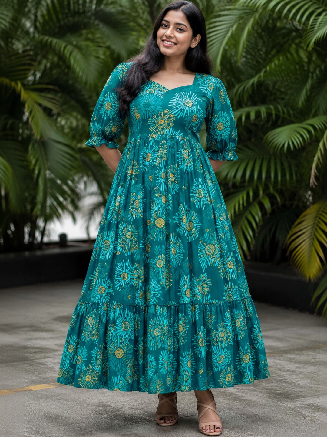 indian rani Print Puff Sleeve A-Line Maxi Dress