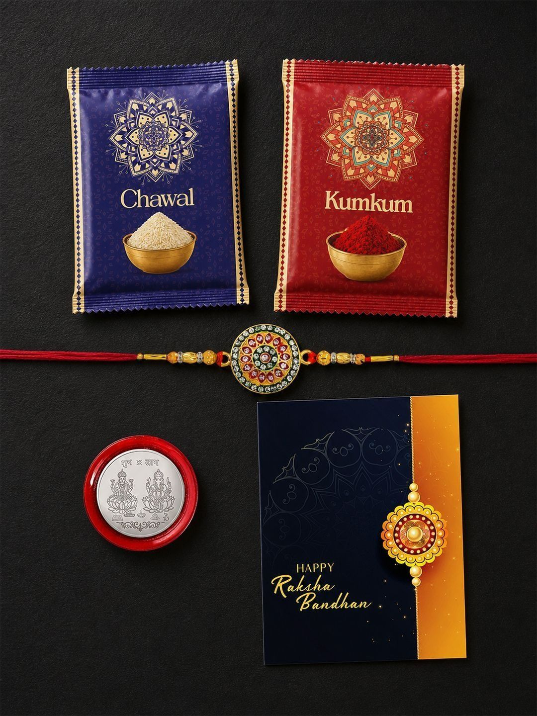 DeoDap Rakhi for Brother With Greeting Card & Roli-Chawal & Silver colour coin