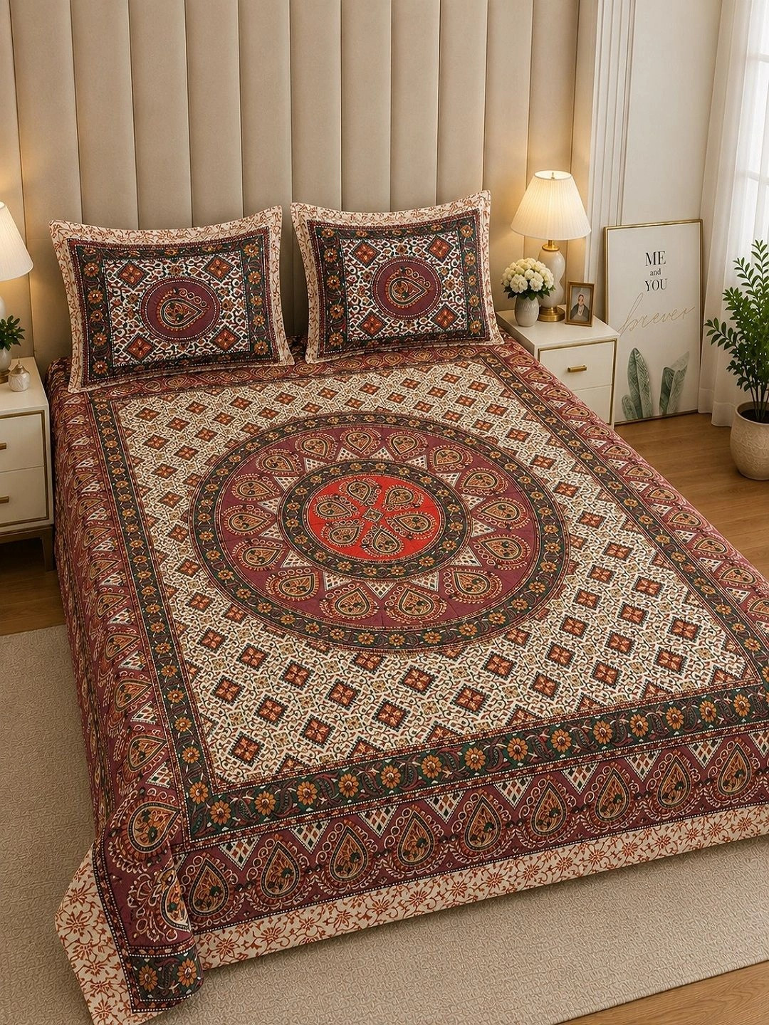RRC Beige Floral Cotton 300 TC Fitted King Fine Bedsheet with 2 Pillow Covers-93 x 108 inches