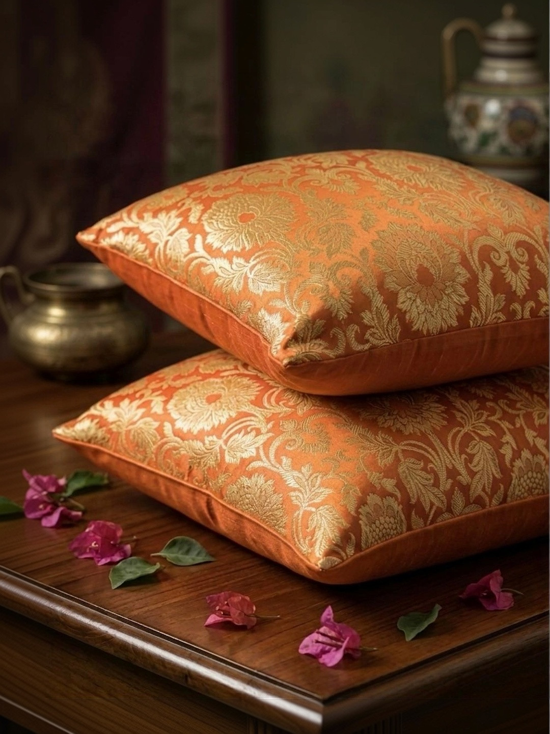 RoyalDeco Mughal Banarasi Orange 2 Pieces Ethnic Motifs Brocade Square Cushion Covers