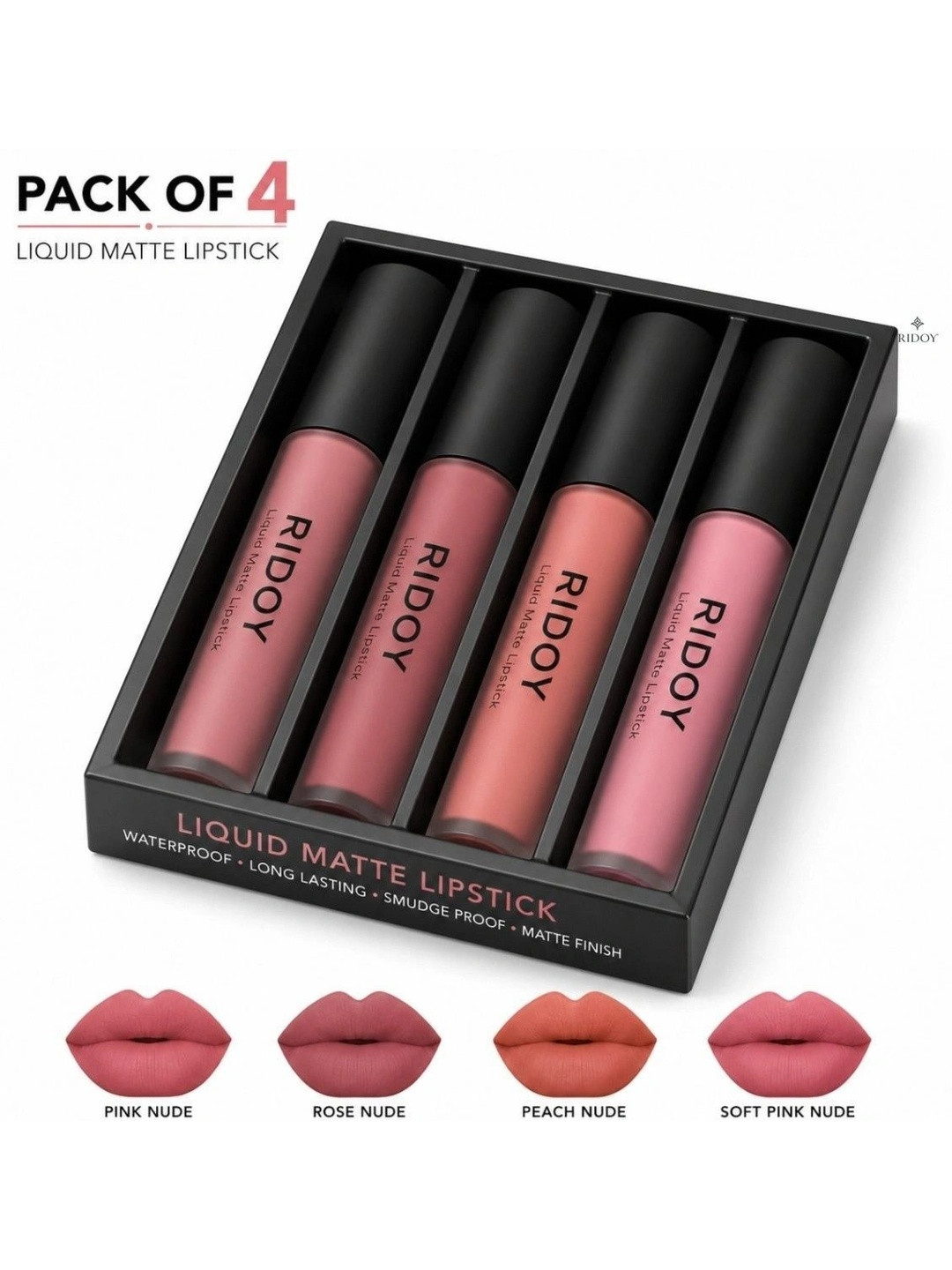 ridoy Set Of 4 Waterproof Liquid Matte Lipstick-3 ml Each - Pink Nude-Rose Nude-Peach Nude