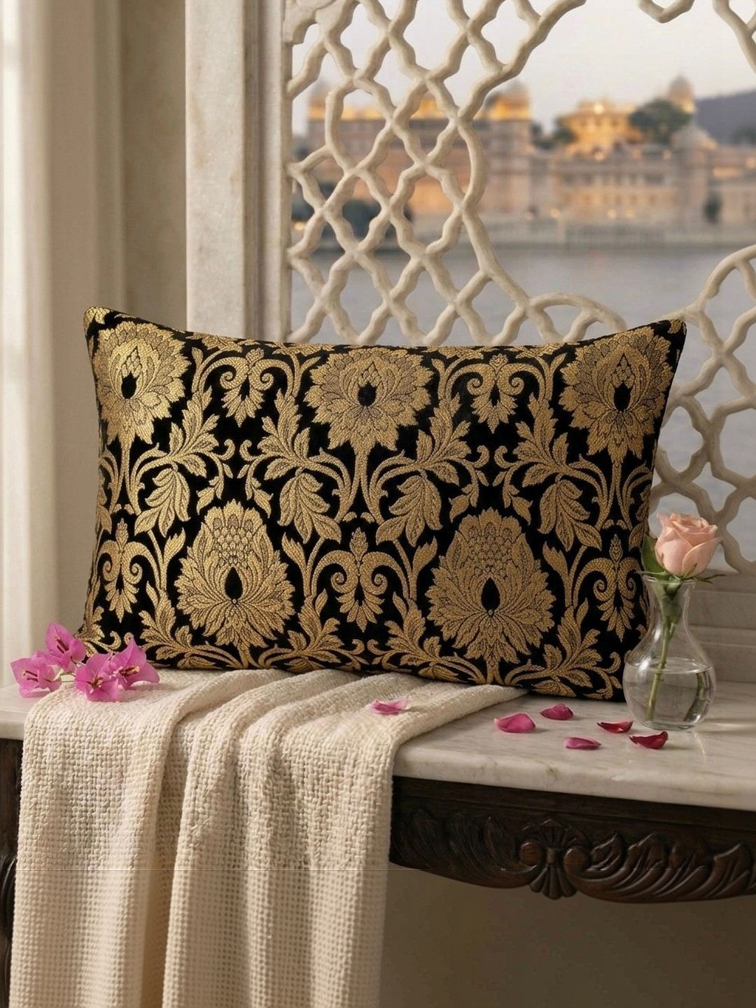 RoyalDeco Mughal Banarasi Ethnic Motifs Brocade 2 Pcs Zari Cushion Covers - 12 x 20 In